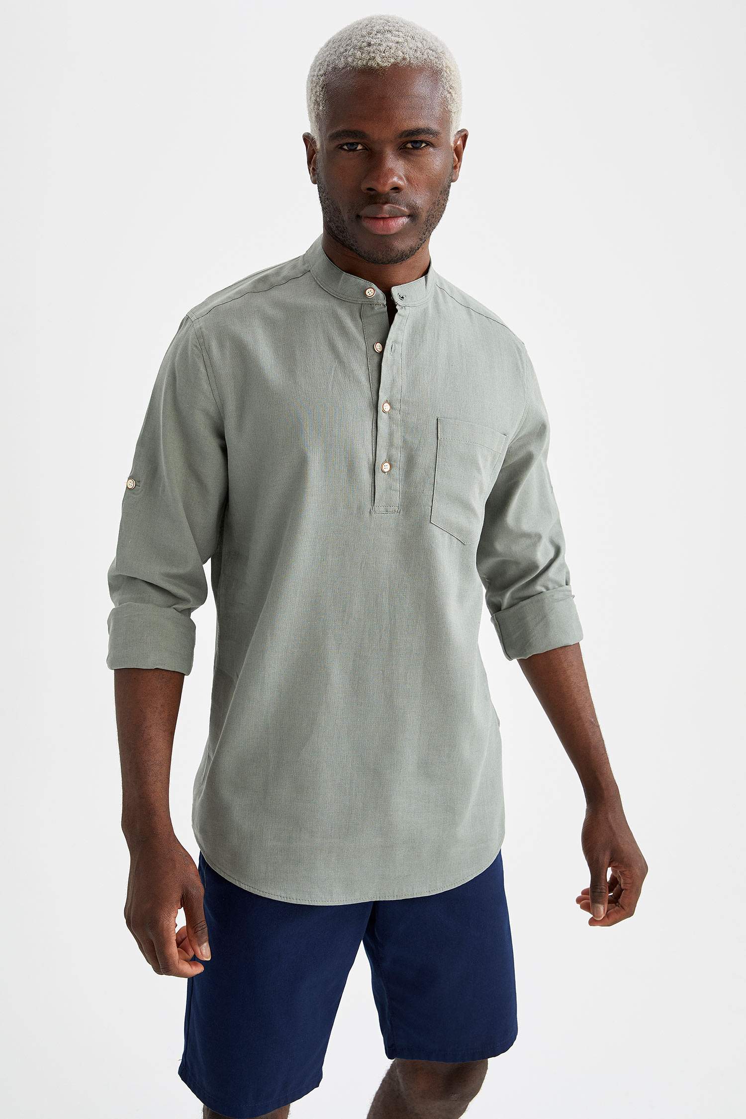 Slim Fit Hakim Yaka Uzun Kollu Keten Gömlek