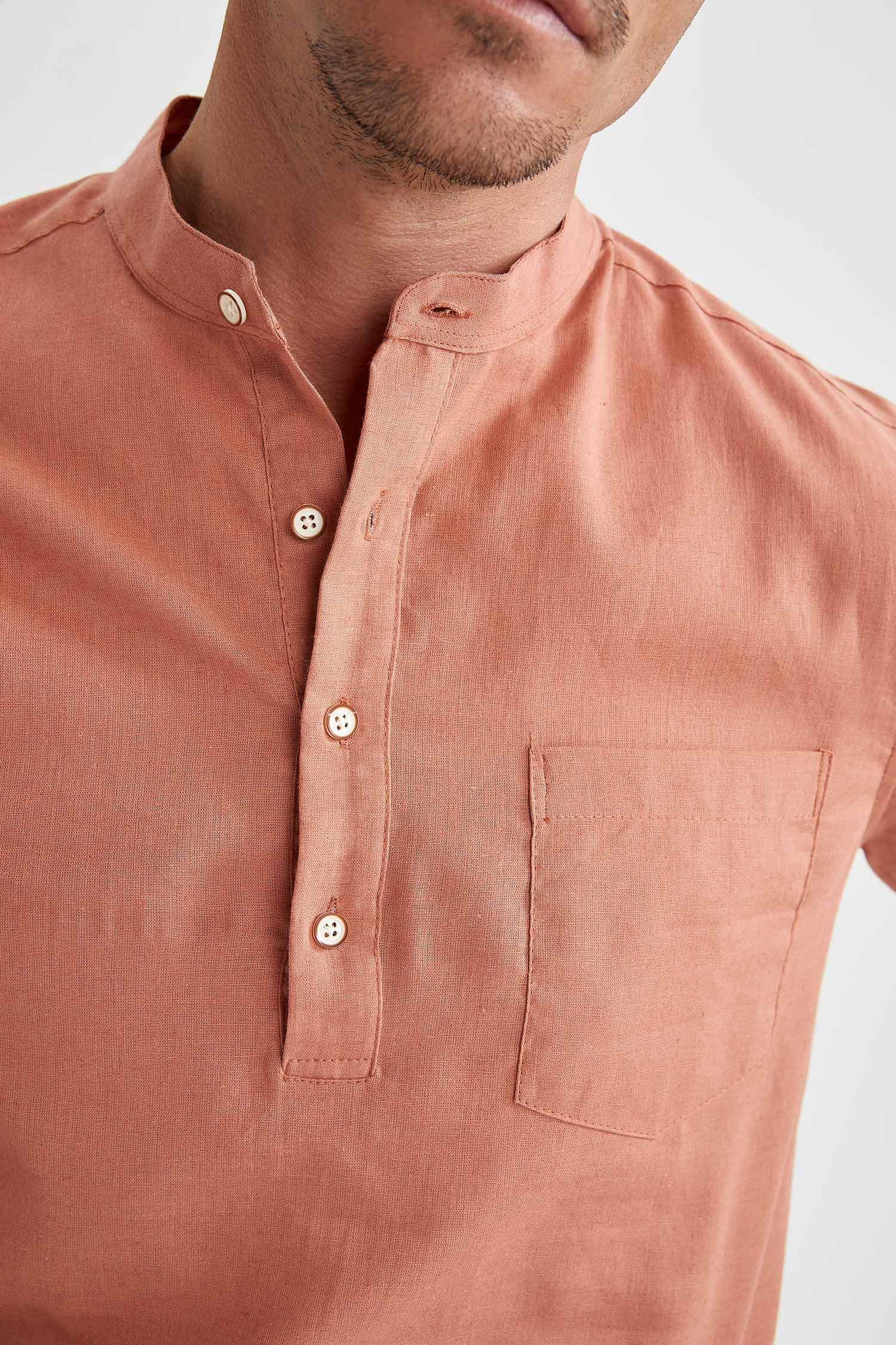 Slim Fit Hakim Yaka Uzun Kollu Keten Gömlek