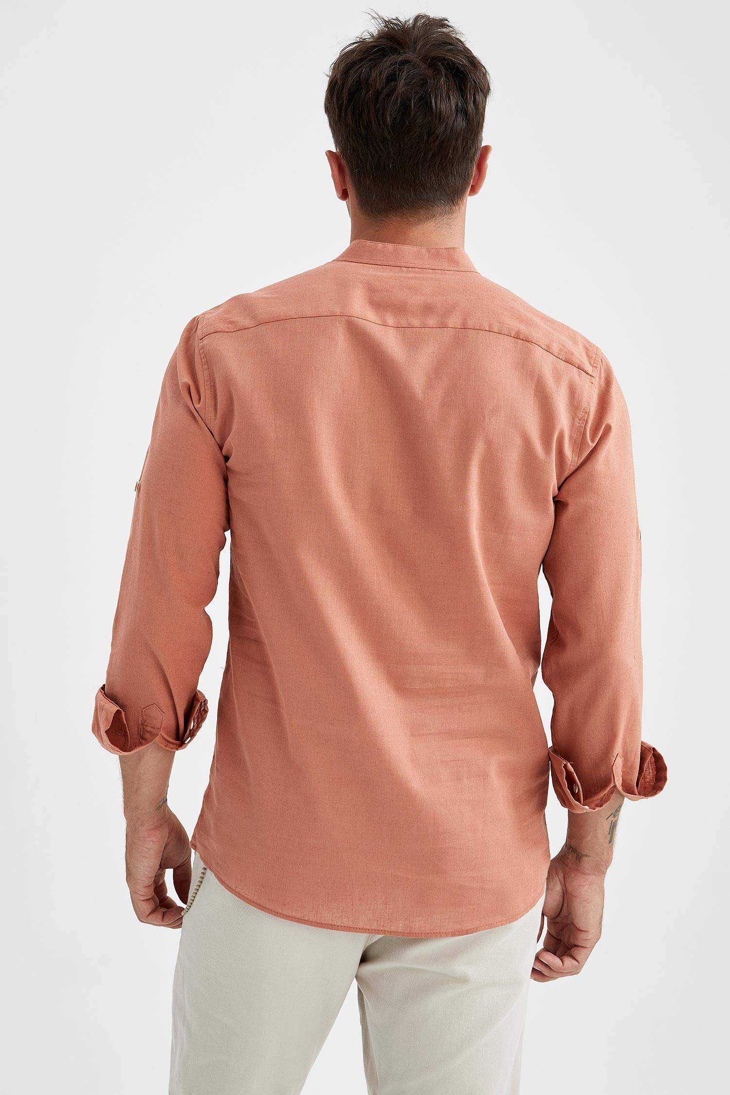 Slim Fit Hakim Yaka Uzun Kollu Keten Gömlek