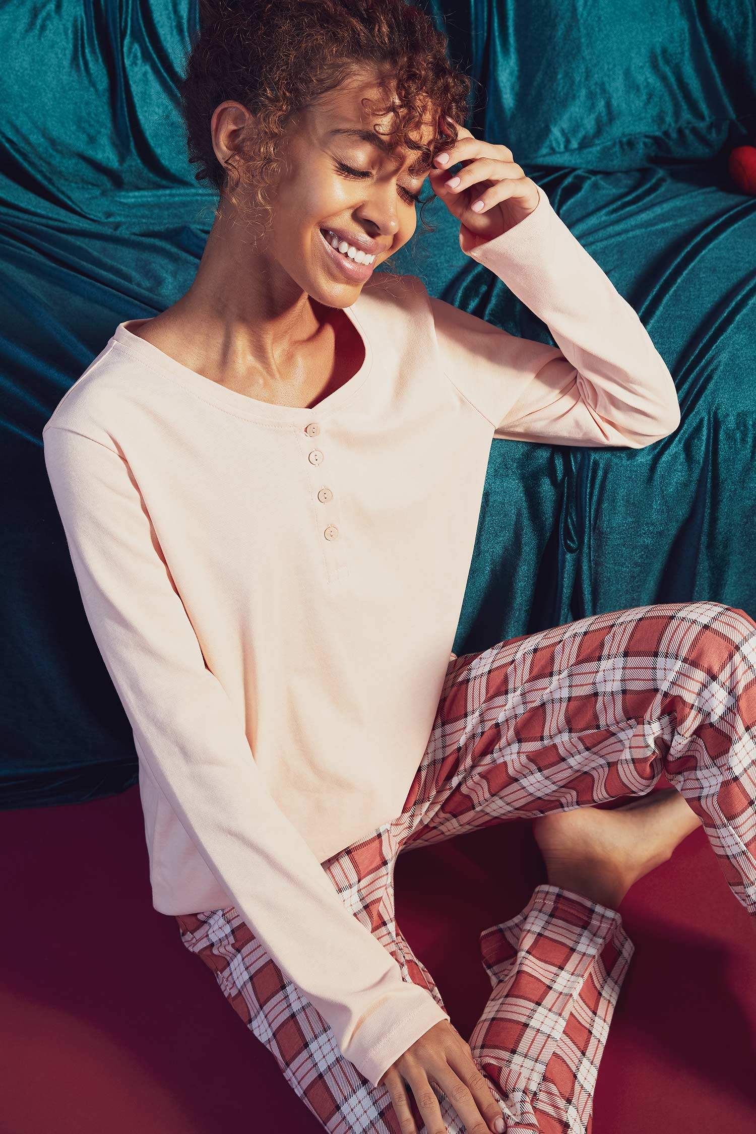 Regular Fit Kareli Uzun Kollu Pijama Takım
