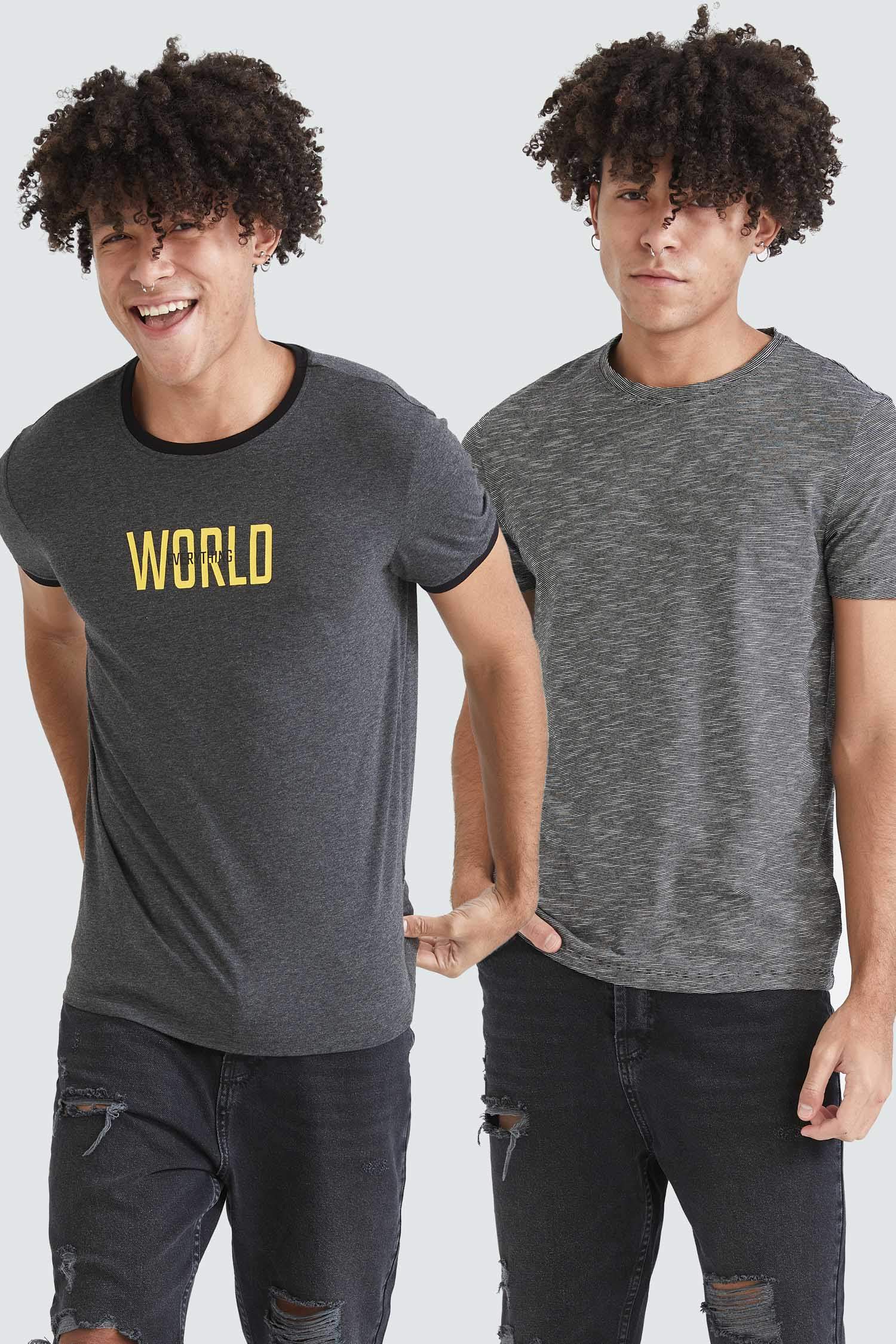 Slim Fit Bisiklet Yaka Kısa Kollu 2'li Tişört