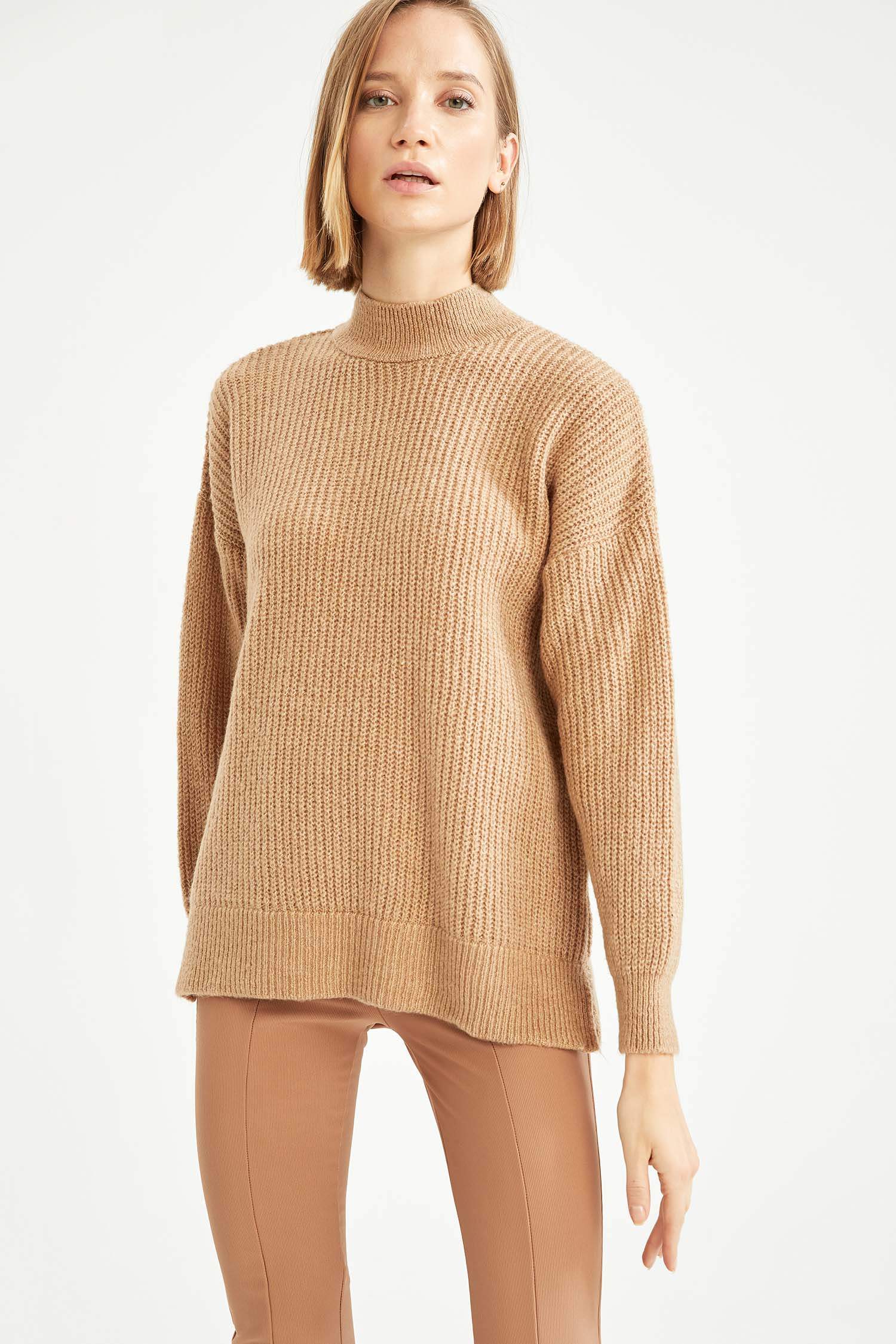 Balıkçı Yaka Selanik Örgülü Oversize Fit Ekstra Yumuşak Uzun Triko Kazak