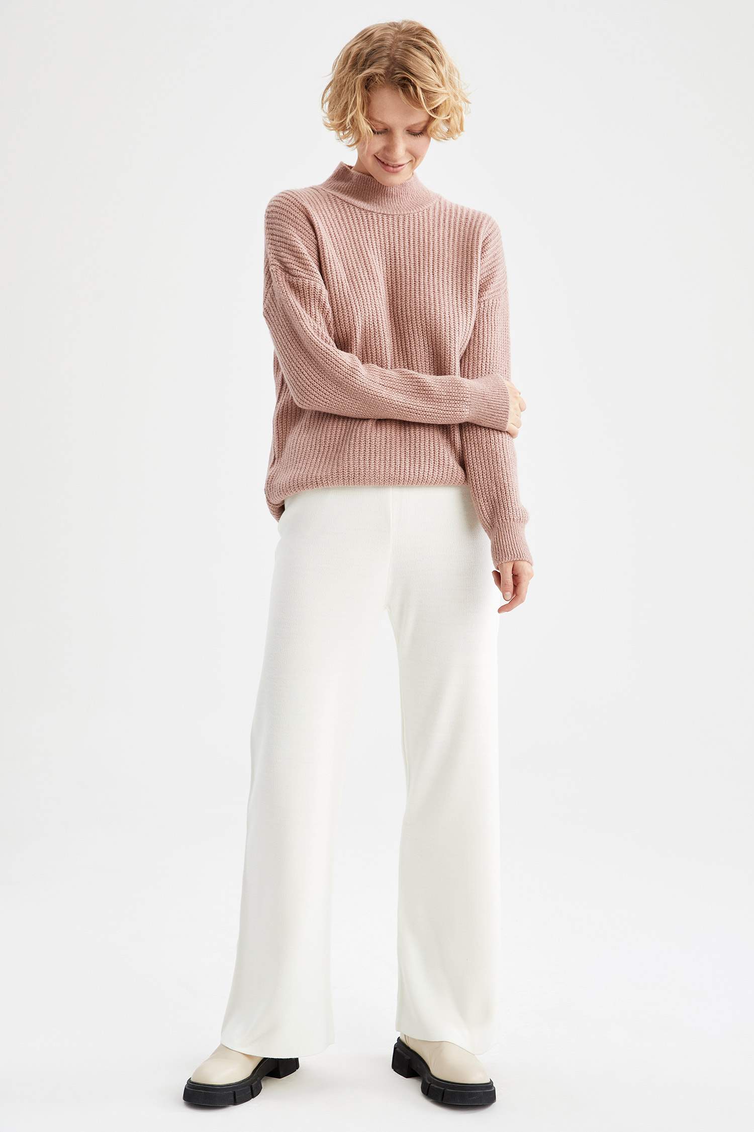 Balıkçı Yaka Selanik Örgülü Oversize Fit Ekstra Yumuşak Uzun Triko Kazak