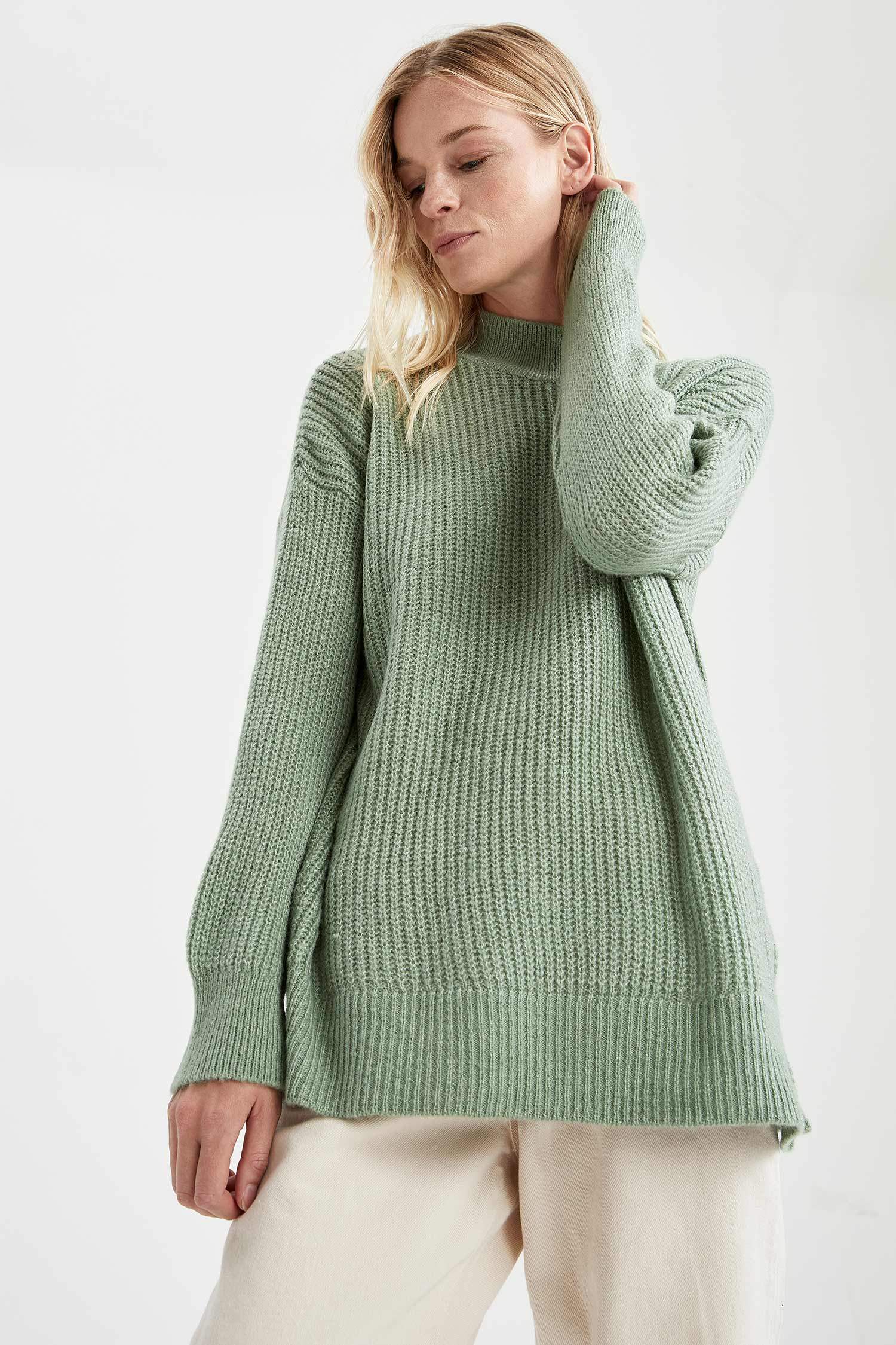 Balıkçı Yaka Selanik Örgülü Oversize Fit Ekstra Yumuşak Uzun Triko Kazak