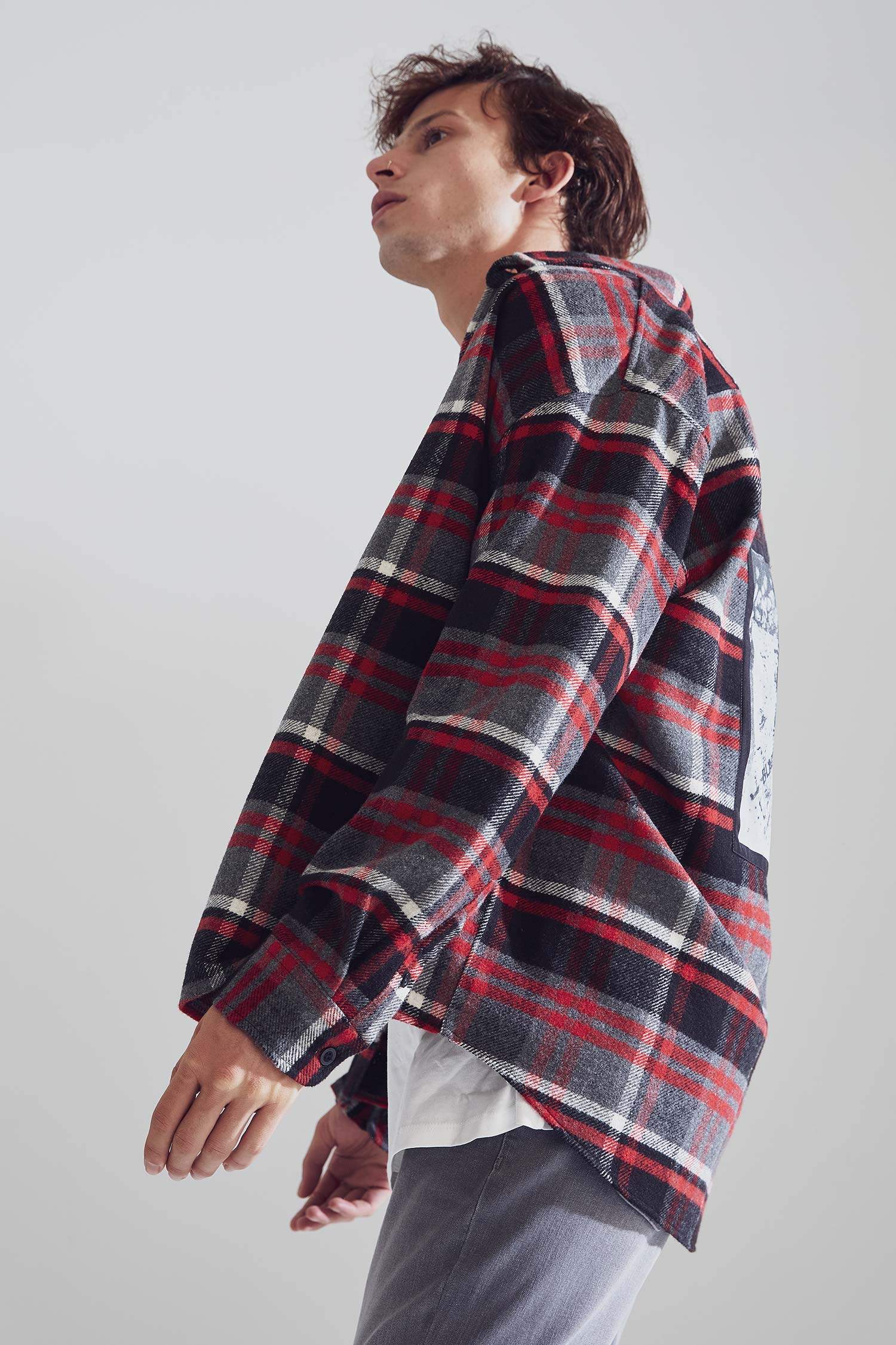 Oversize Fit Ekose Desenli Sırt Baskılı Uzun Kollu Oduncu Gömlek Ceket