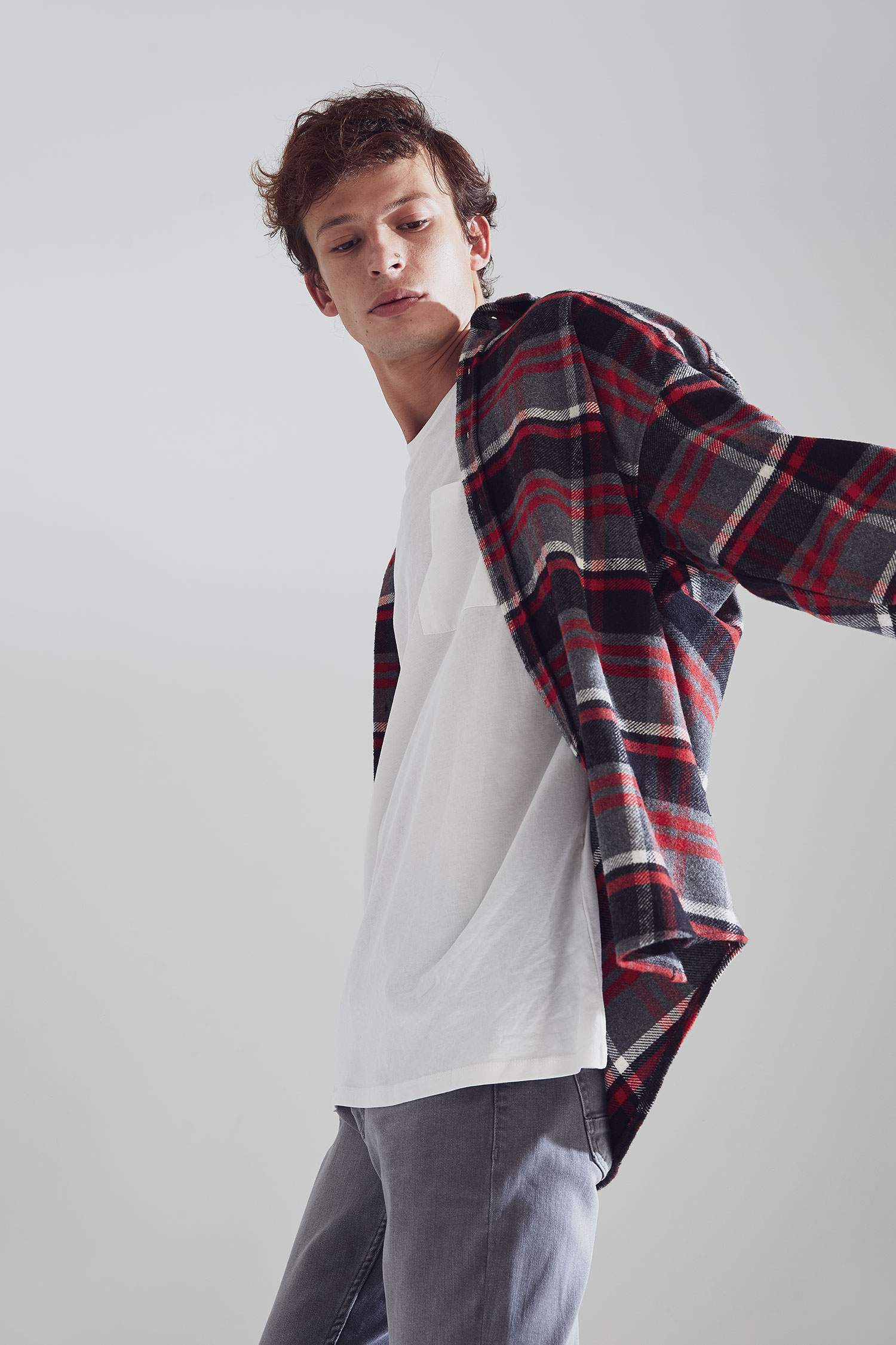 Oversize Fit Ekose Desenli Sırt Baskılı Uzun Kollu Oduncu Gömlek Ceket