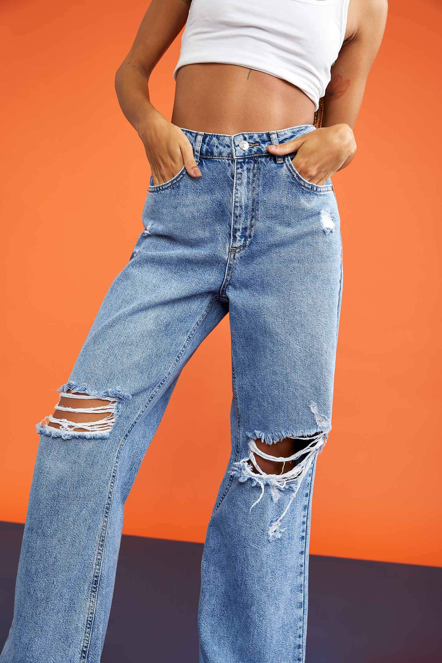 Relaxed Flare Yırtık Detaylı Geniş Paça Jean Pantolon