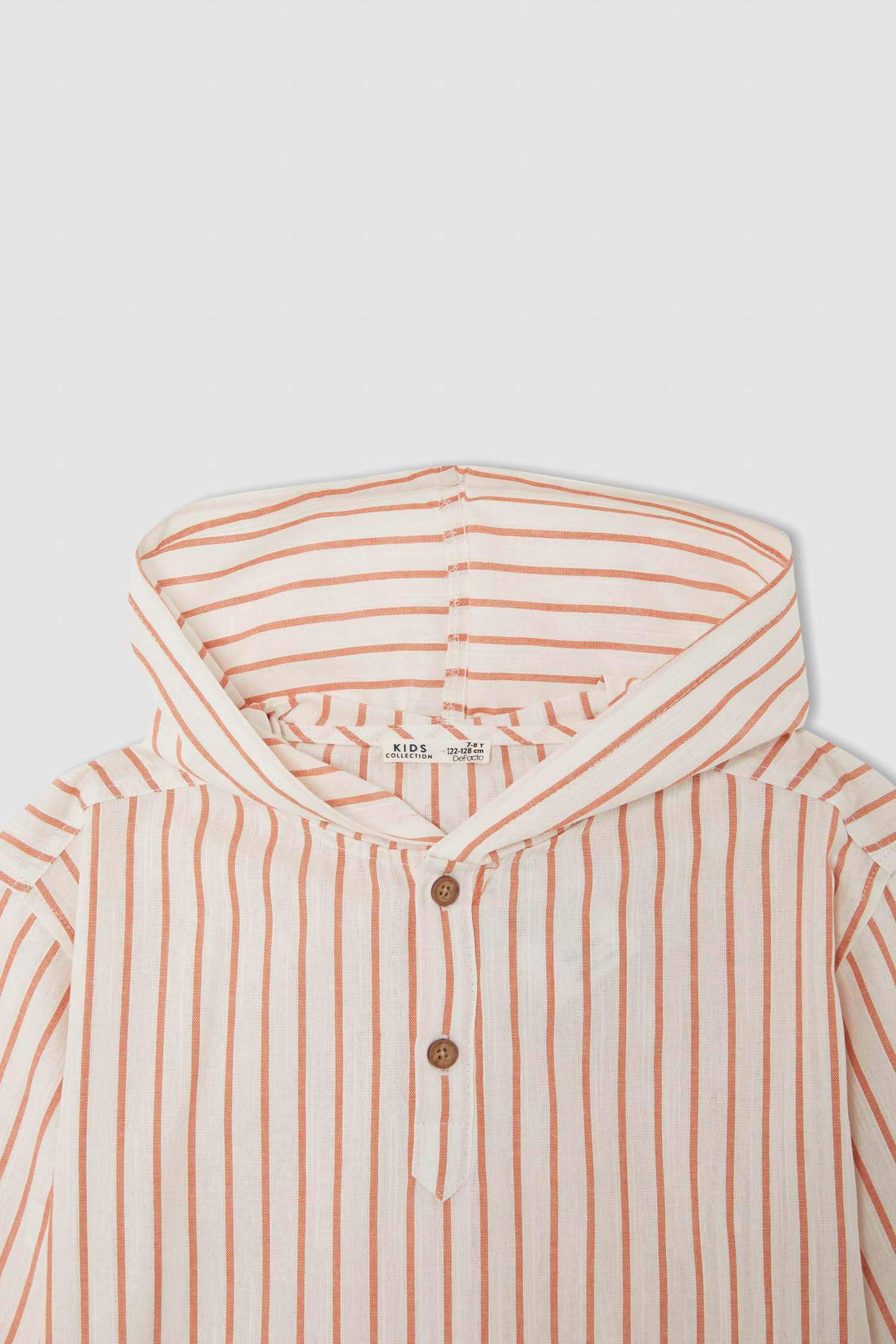 Erkek Çocuk Regular Fit Çizgili Kapüşonlu Pamuklu Uzun Kollu Gömlek