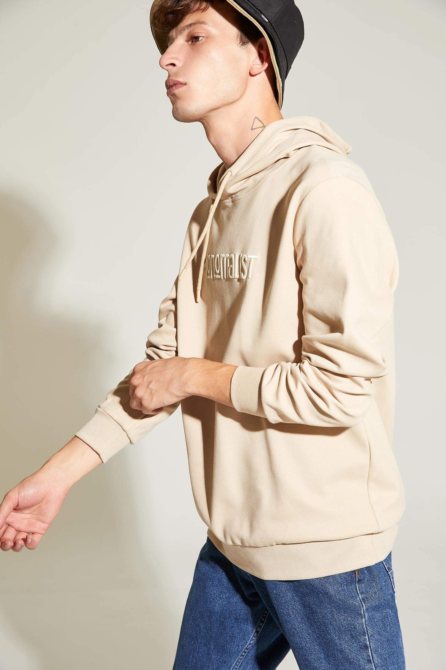 Slim Fit Kapüşonlu Baskılı Pamuklu Sweatshirt