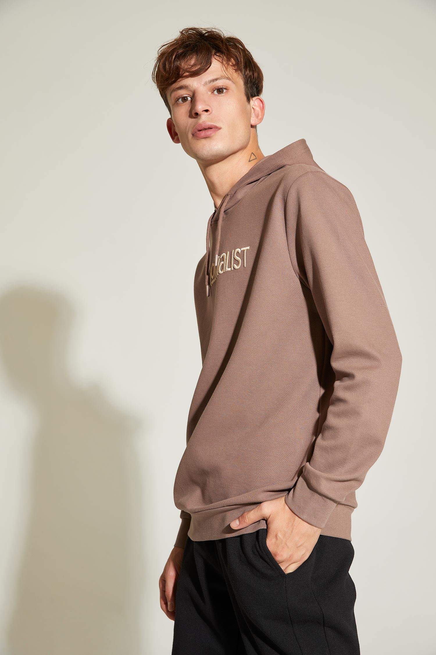 Slim Fit Kapüşonlu Baskılı Pamuklu Sweatshirt