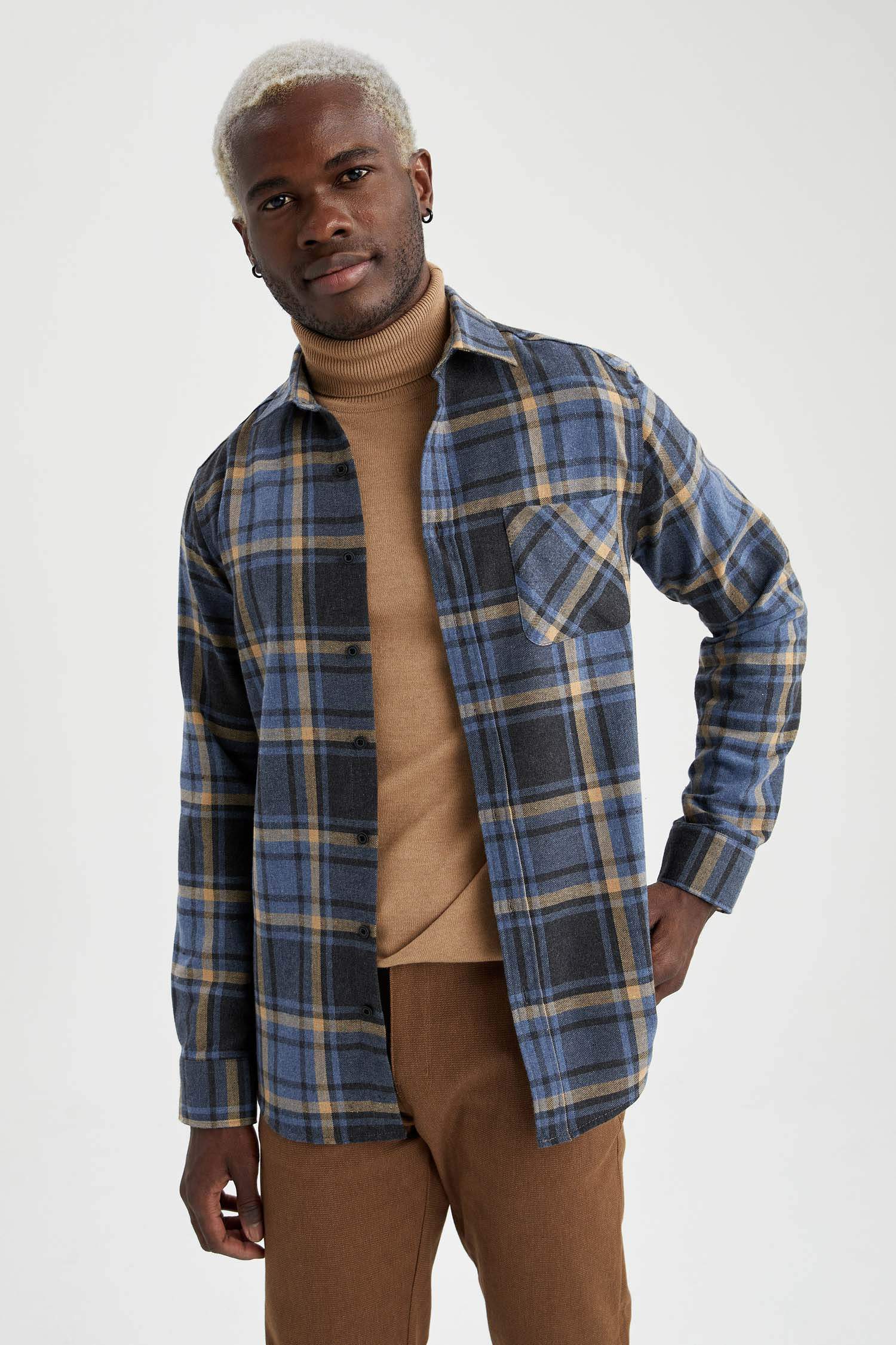 Modern Fit Ekose Desenli Uzun Kollu Gömlek Ceket