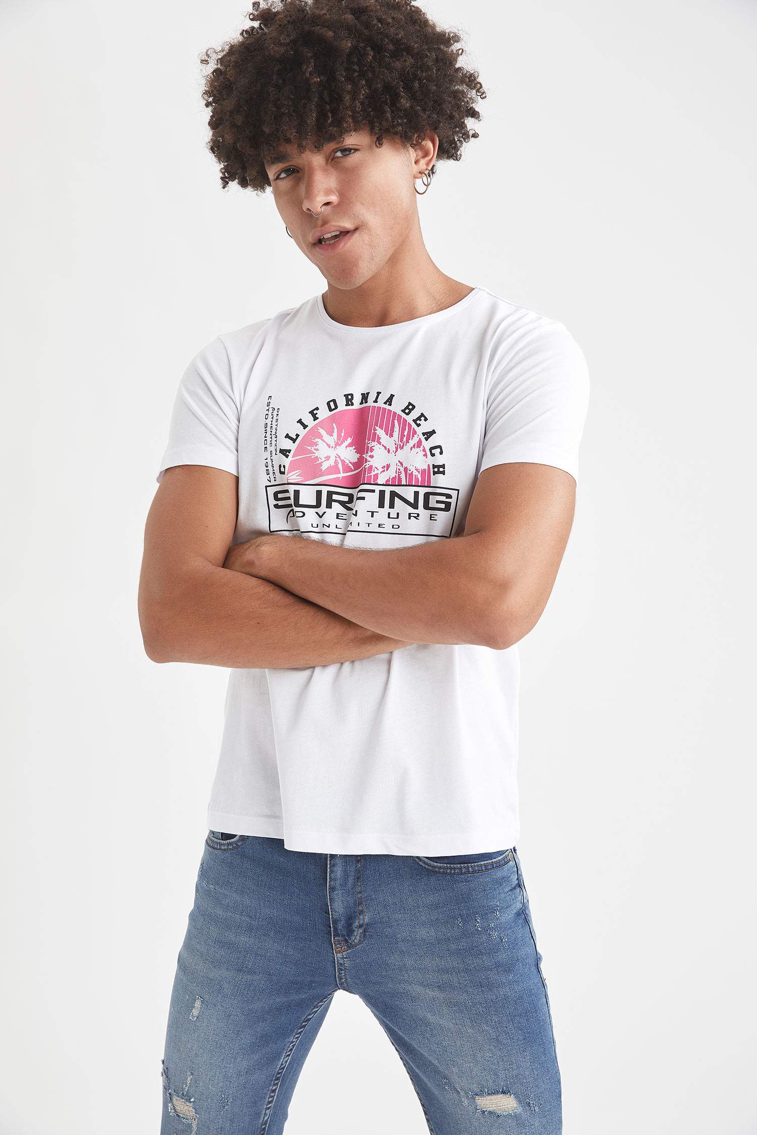 Regular Fit Bisiklet Yaka Baskılı Kısa Kollu Tişört