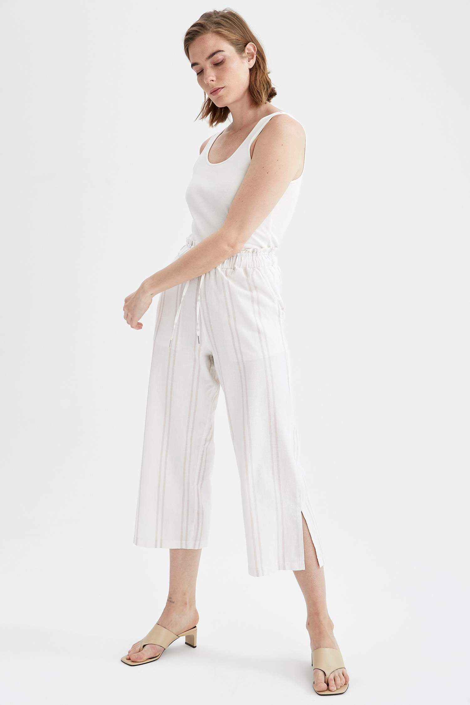 Wide Leg Çizgi Desenli Keten Kapri
