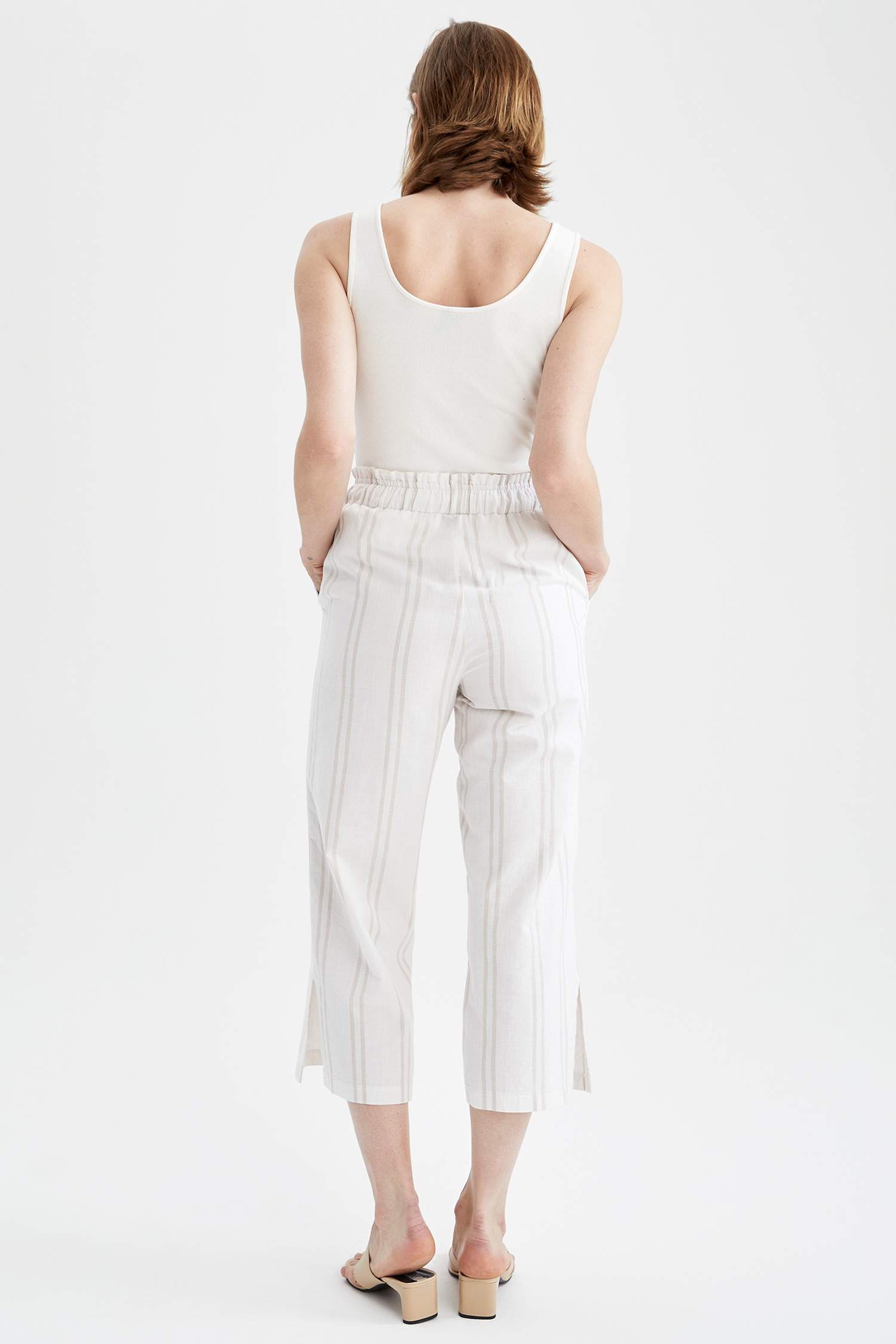 Wide Leg Çizgi Desenli Keten Kapri