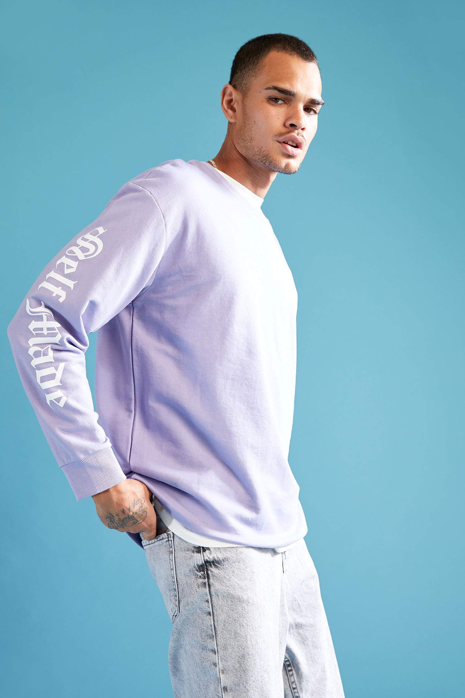 Oversize Fit Bisiklet Yaka Kol Baskılı Pamuklu Sweatshirt