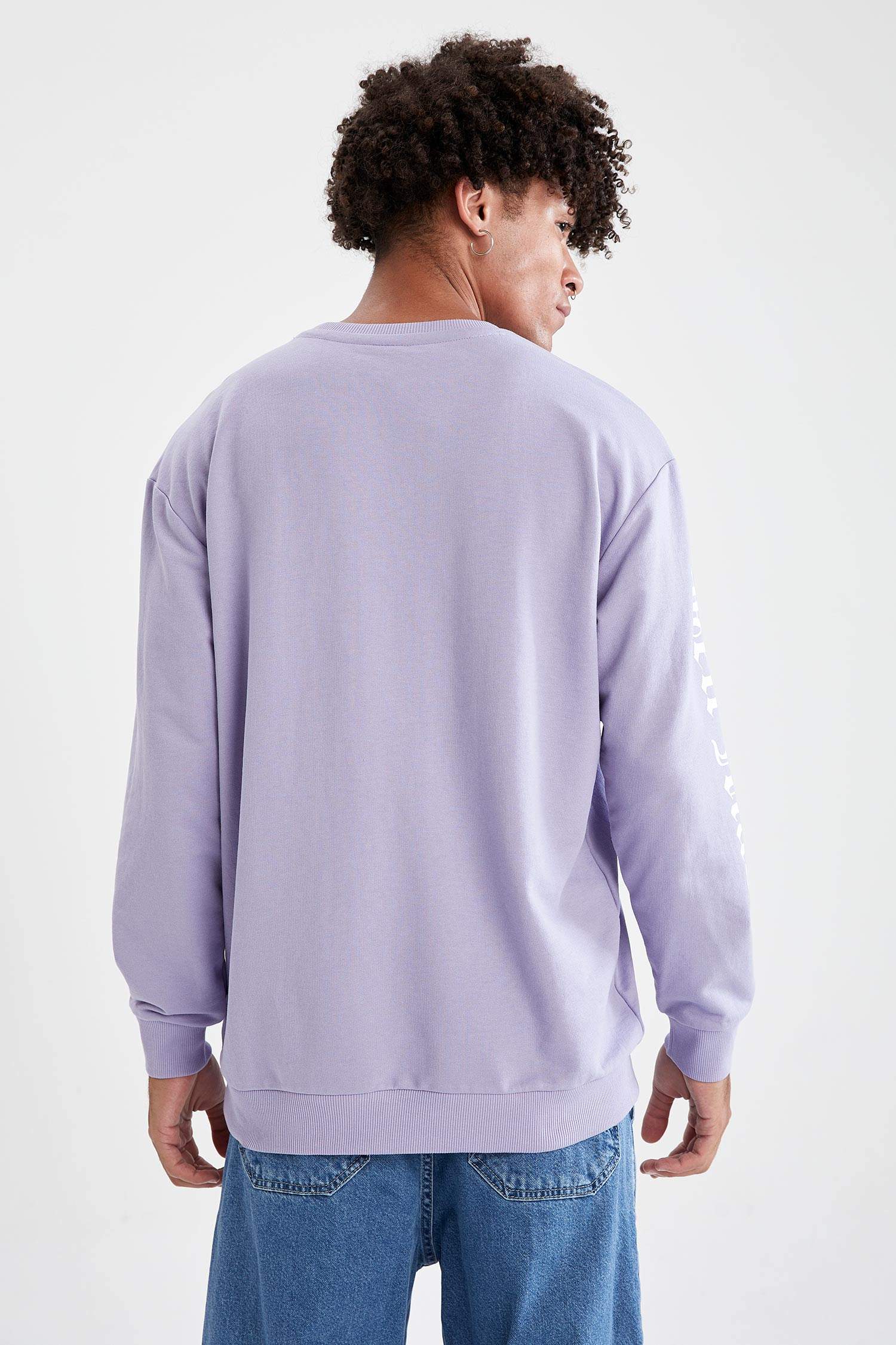 Oversize Fit Bisiklet Yaka Kol Baskılı Pamuklu Sweatshirt