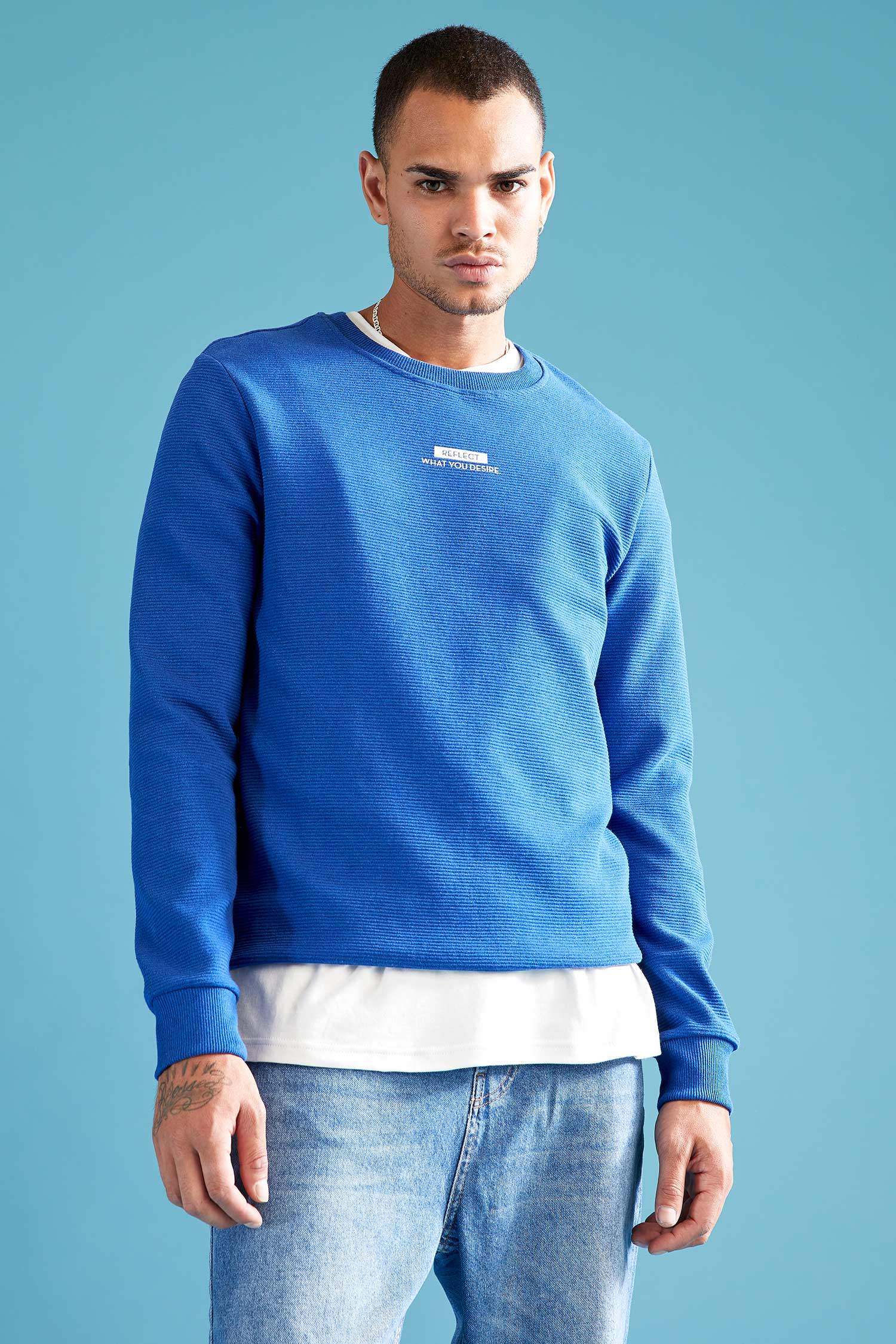 Slim Fit Bisiklet Yaka Baskılı Pamuklu Sweatshirt