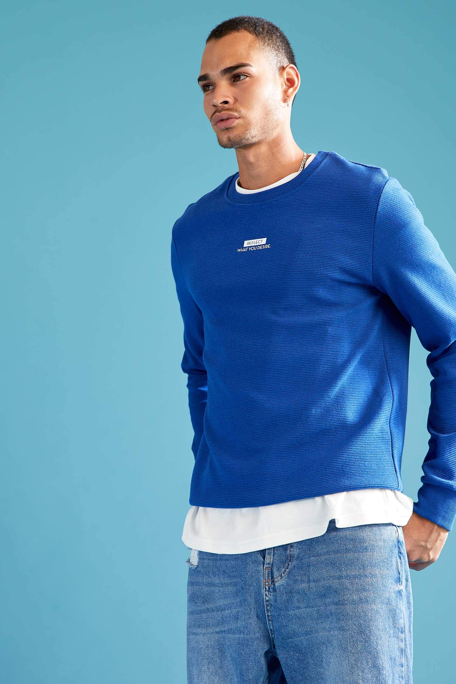 Slim Fit Bisiklet Yaka Baskılı Pamuklu Sweatshirt