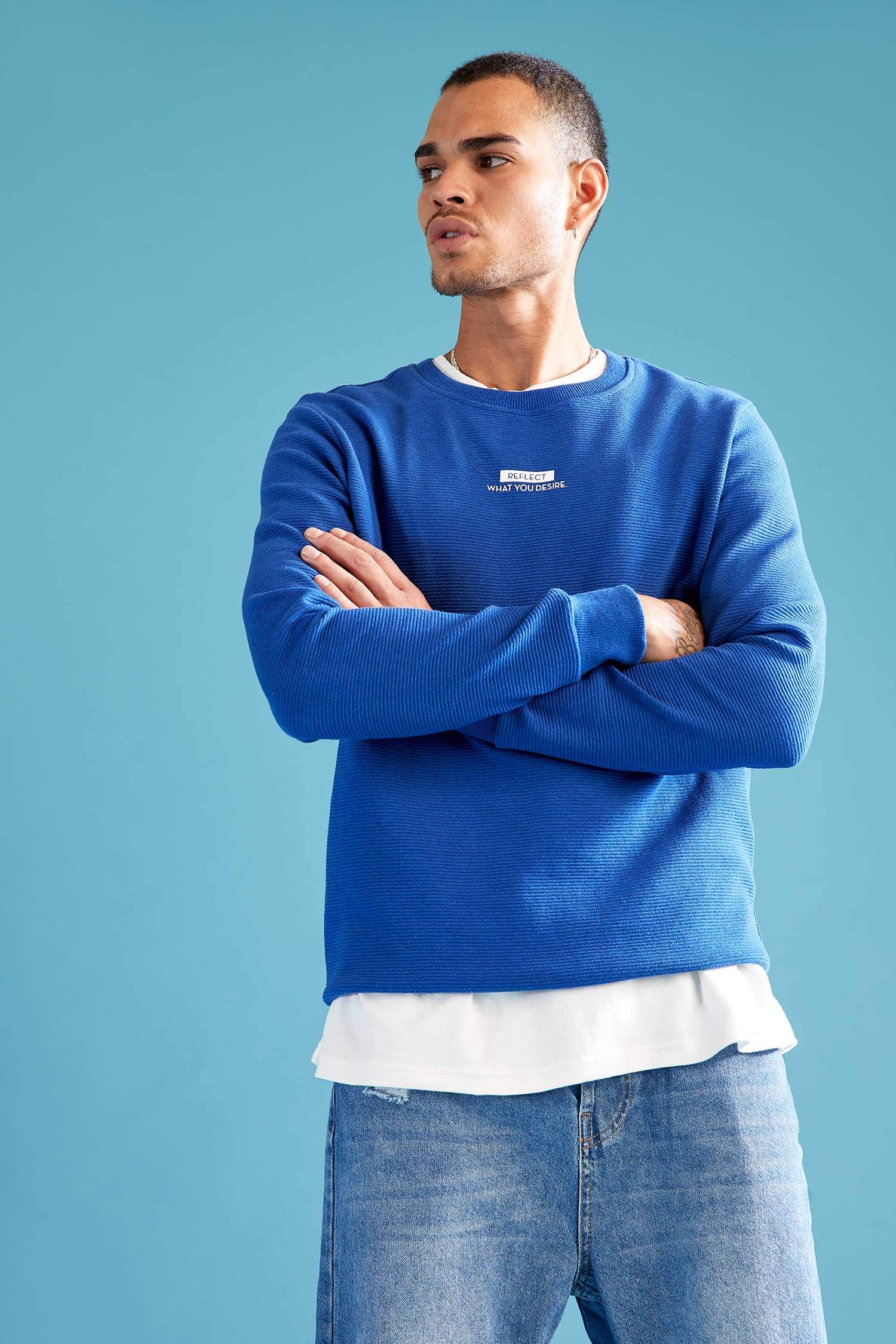 Slim Fit Bisiklet Yaka Baskılı Pamuklu Sweatshirt