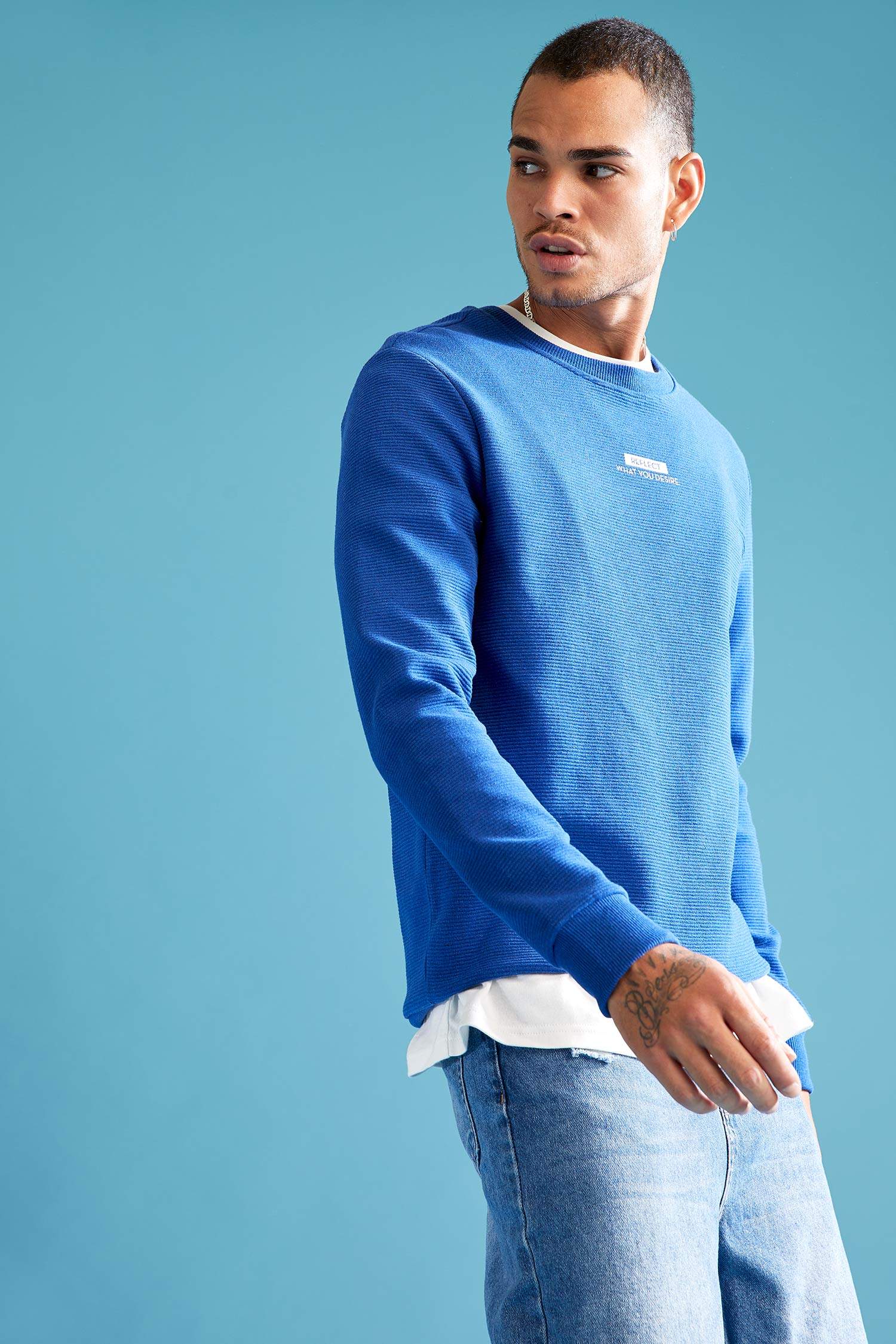 Slim Fit Bisiklet Yaka Baskılı Pamuklu Sweatshirt