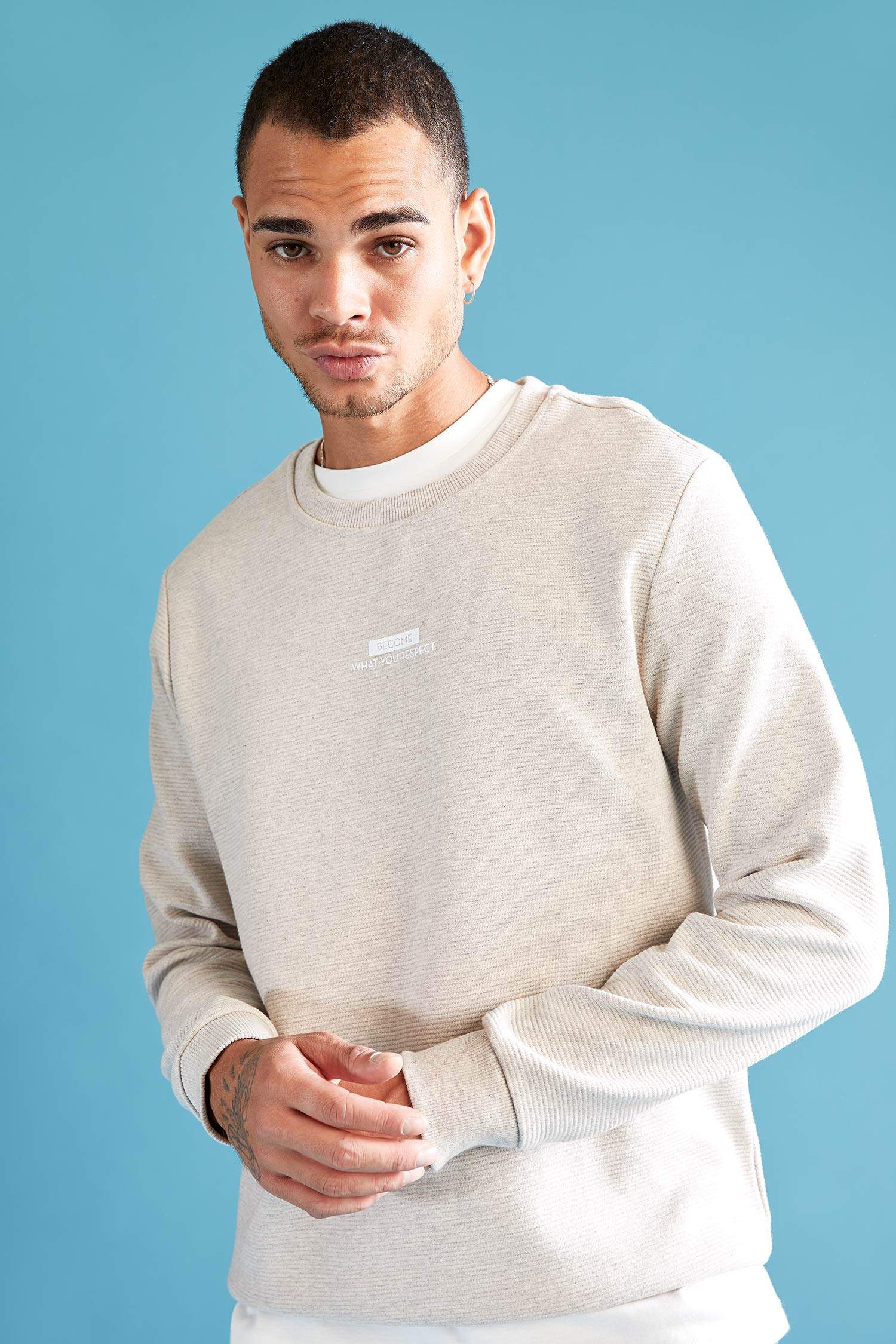 Slim Fit Bisiklet Yaka Baskılı Pamuklu Sweatshirt