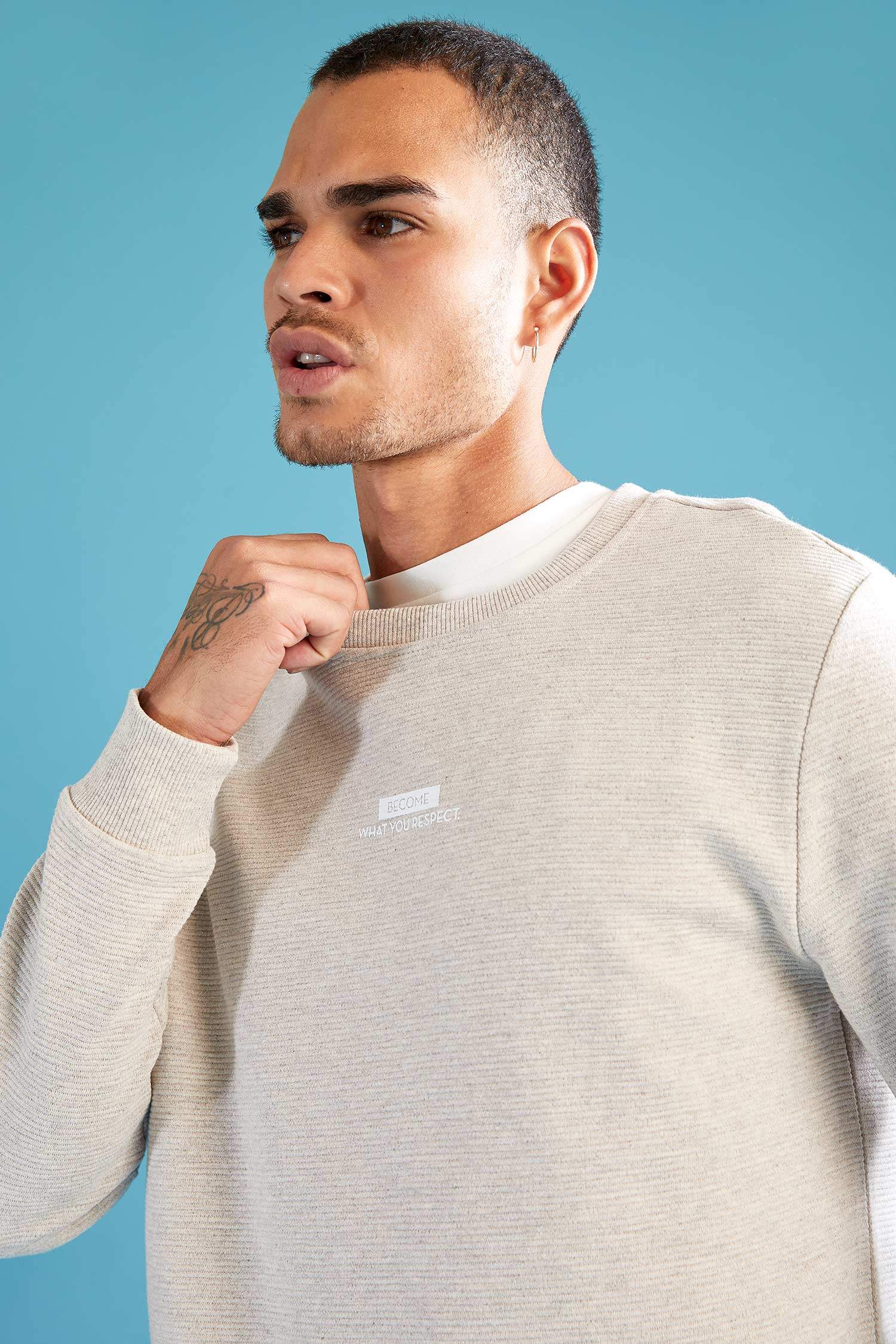 Slim Fit Bisiklet Yaka Baskılı Pamuklu Sweatshirt