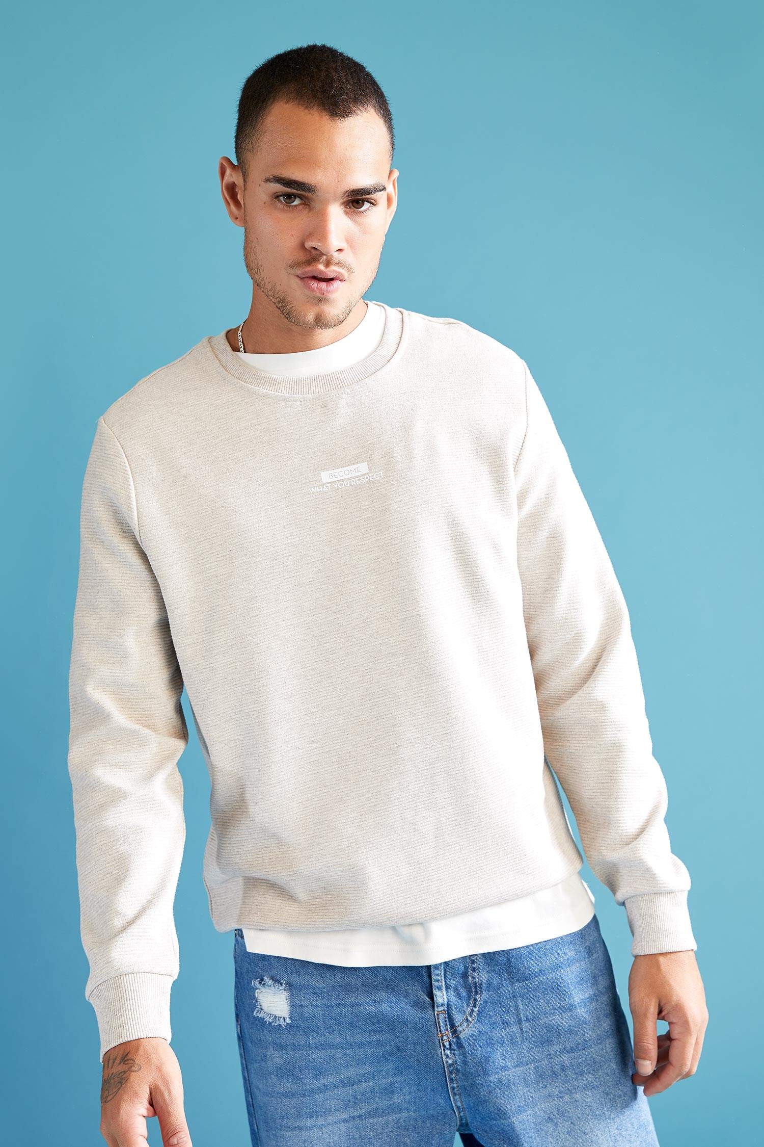 Slim Fit Bisiklet Yaka Baskılı Pamuklu Sweatshirt