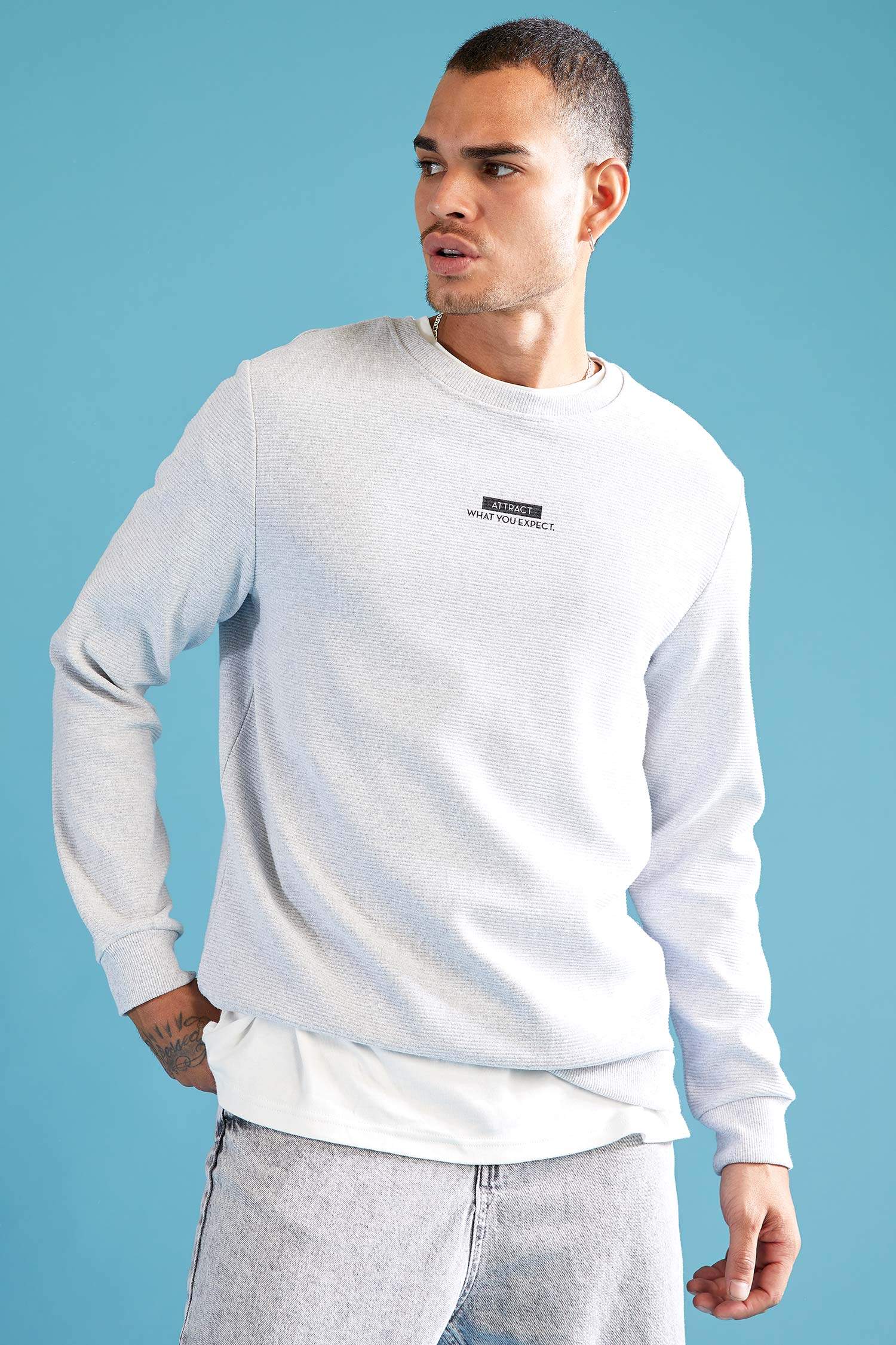 Slim Fit Bisiklet Yaka Baskılı Pamuklu Sweatshirt