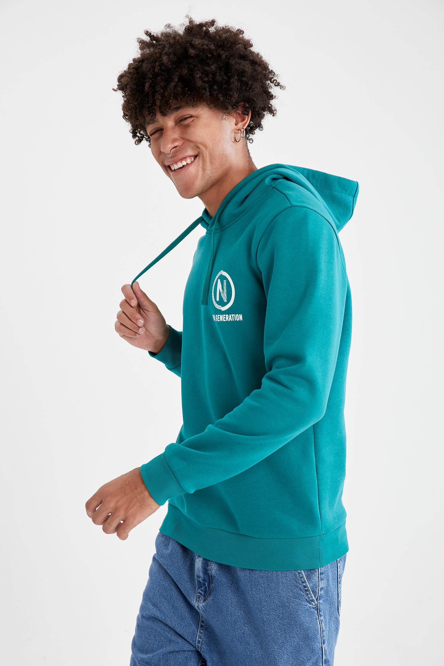 Slim Fit Kapüşonlu Slogan Baskılı Pamuklu Sweatshirt