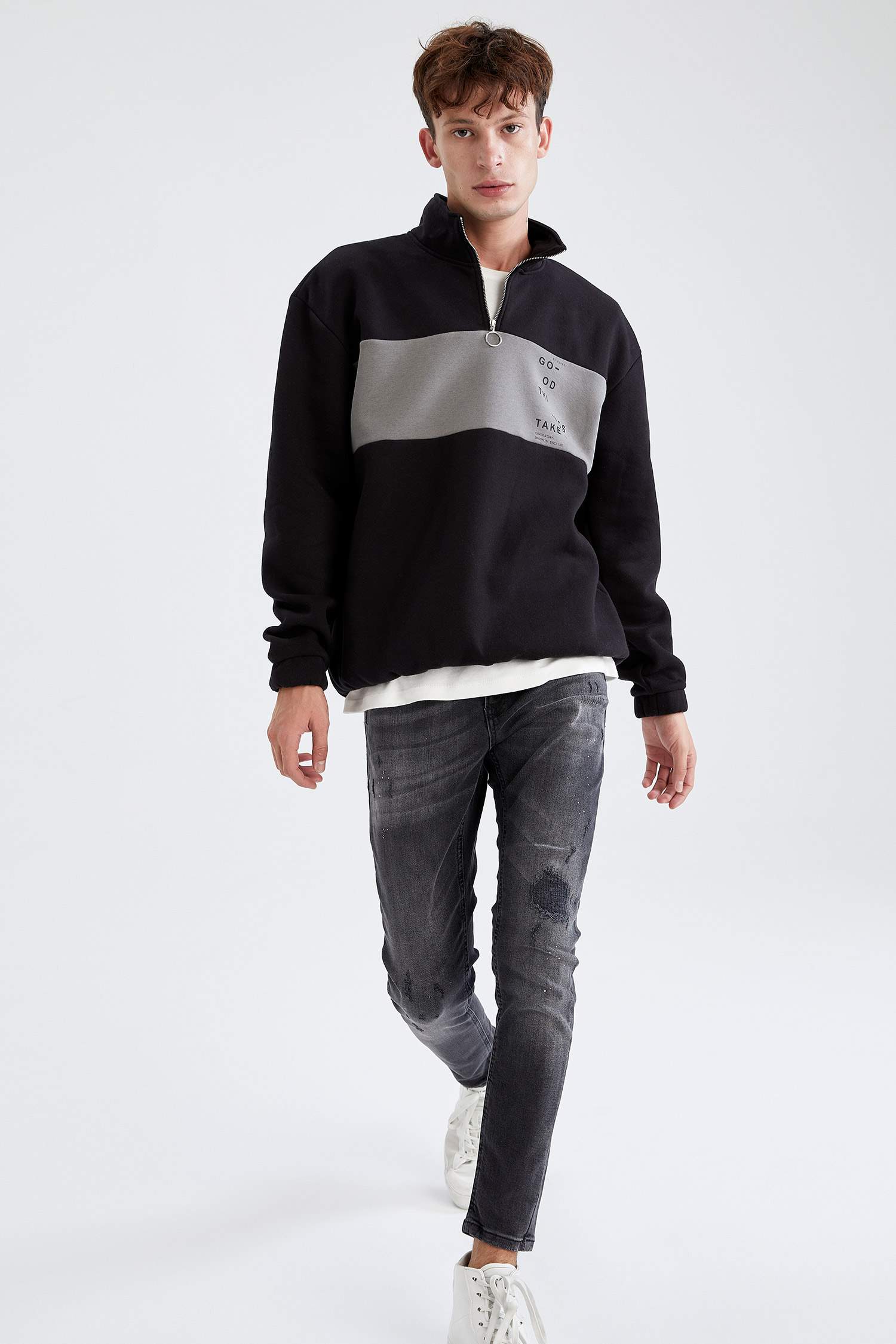 Boxy Fit Balıkçı Yaka Uzun Kollu İçi Yumuşak Tüylü Sweatshirt