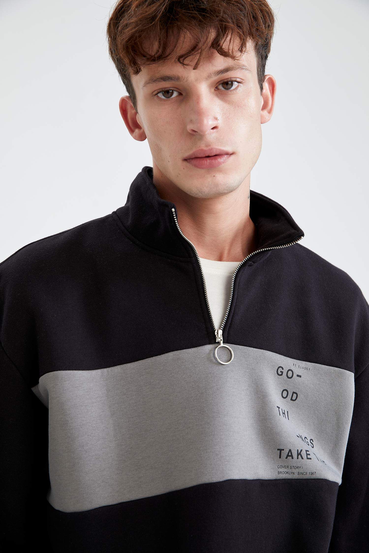 Boxy Fit Balıkçı Yaka Uzun Kollu İçi Yumuşak Tüylü Sweatshirt