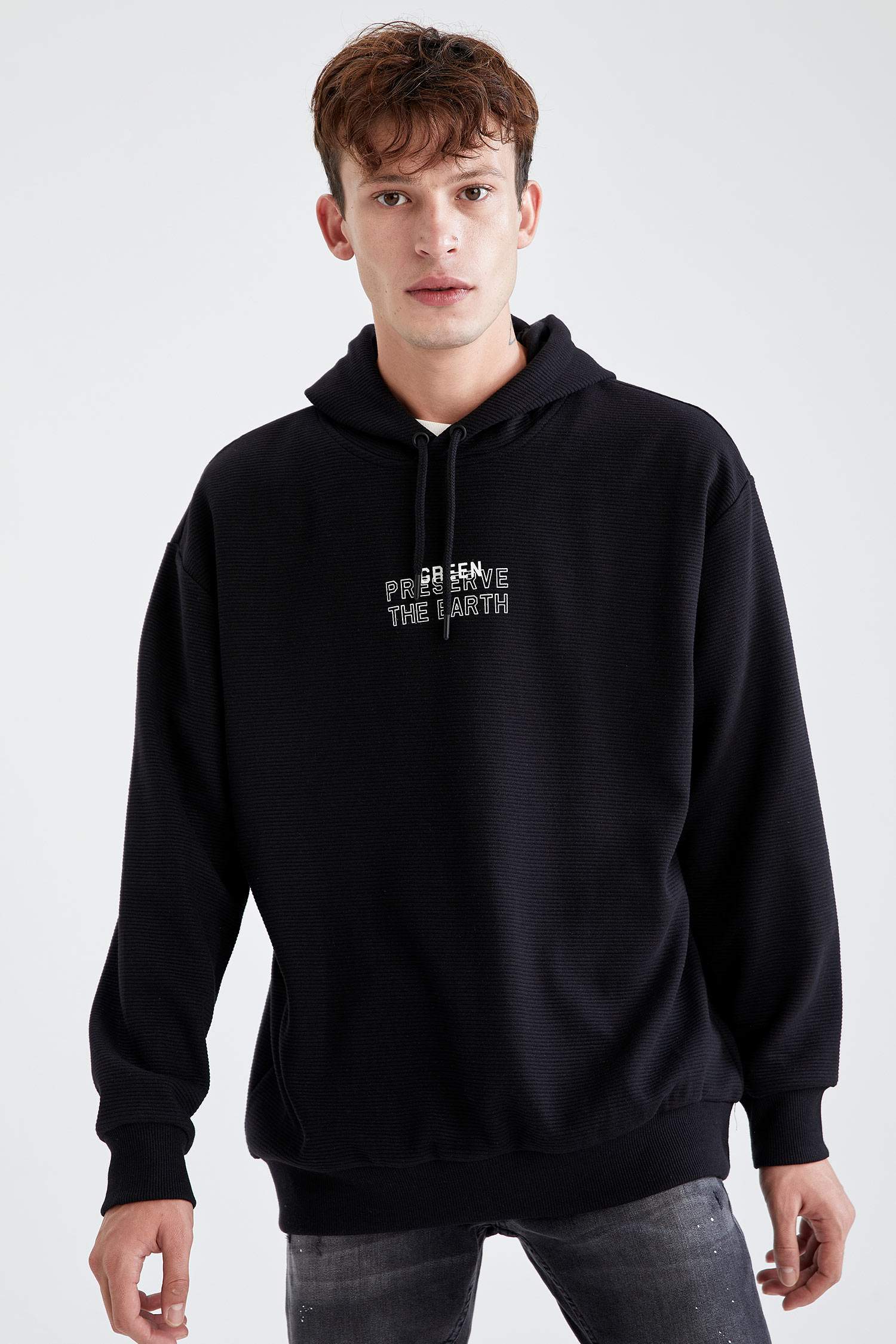 Oversize Fit Kapüşonlu Sırt Baskılı Uzun Kollu Sweatshirt