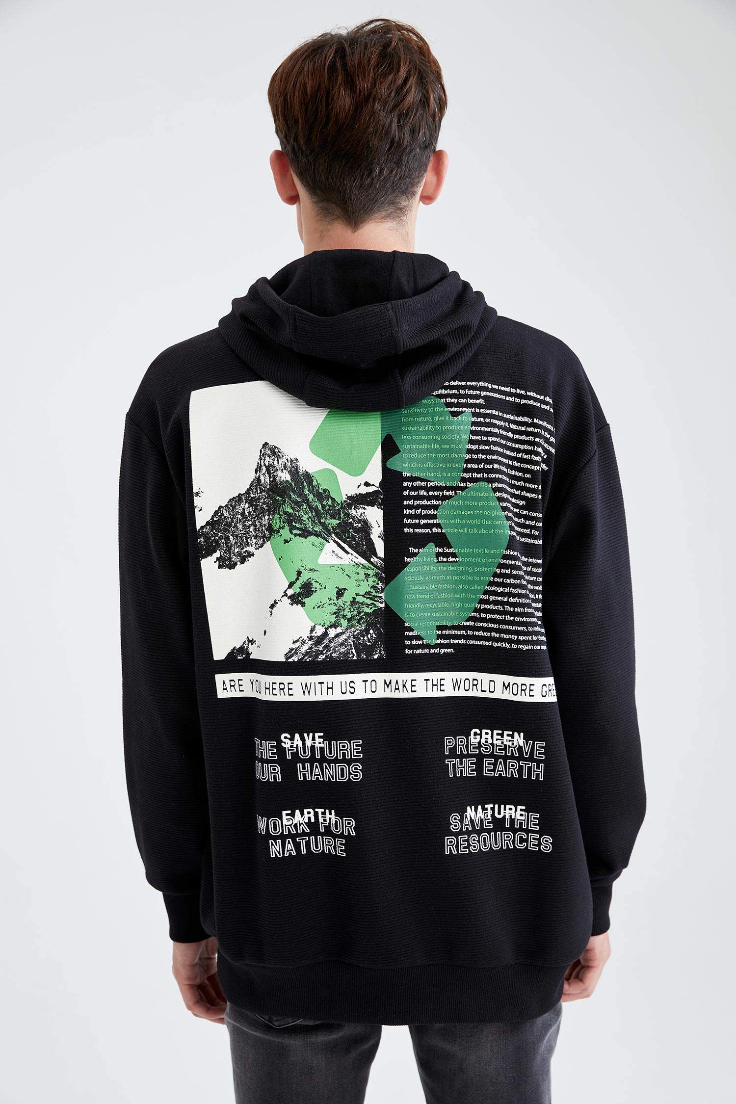 Oversize Fit Kapüşonlu Sırt Baskılı Uzun Kollu Sweatshirt