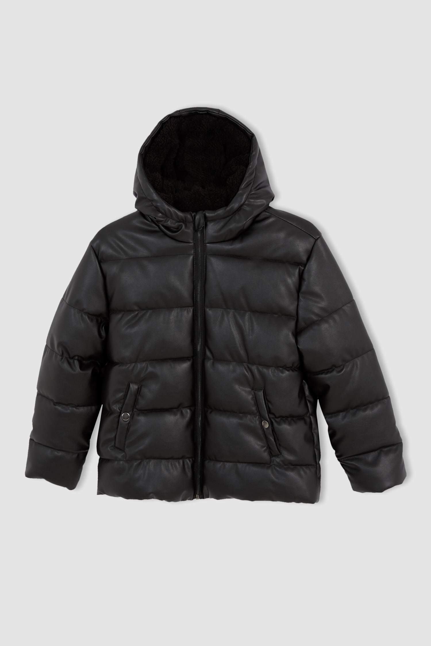 Erkek Çocuk Regular Fit Kapüşonlu Su Geçirmez Pelüş Astarlı Suni Deri Suni Deri Mont