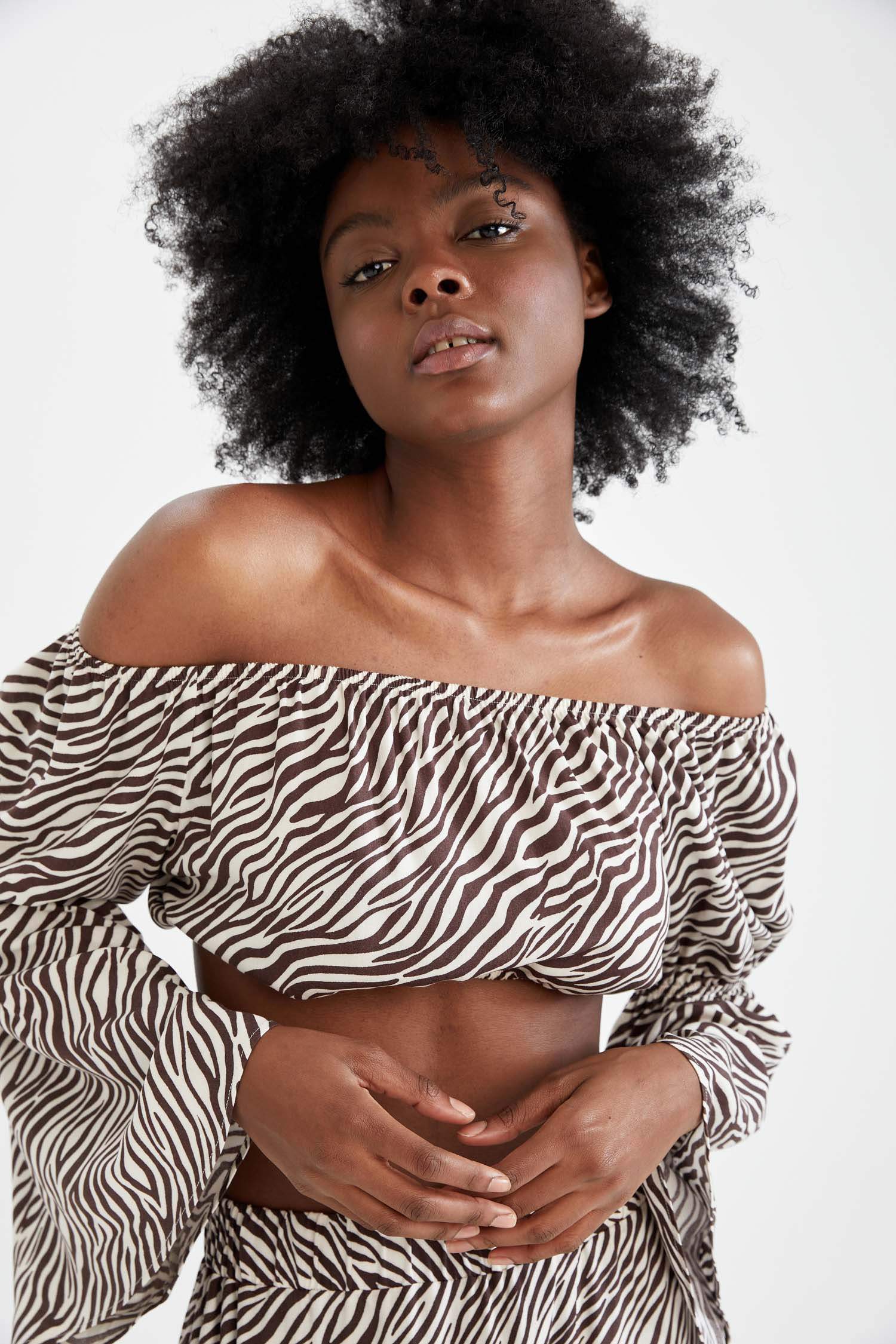 Zebra Desenli Carmen Yaka İspanyol Kollu Crop Top