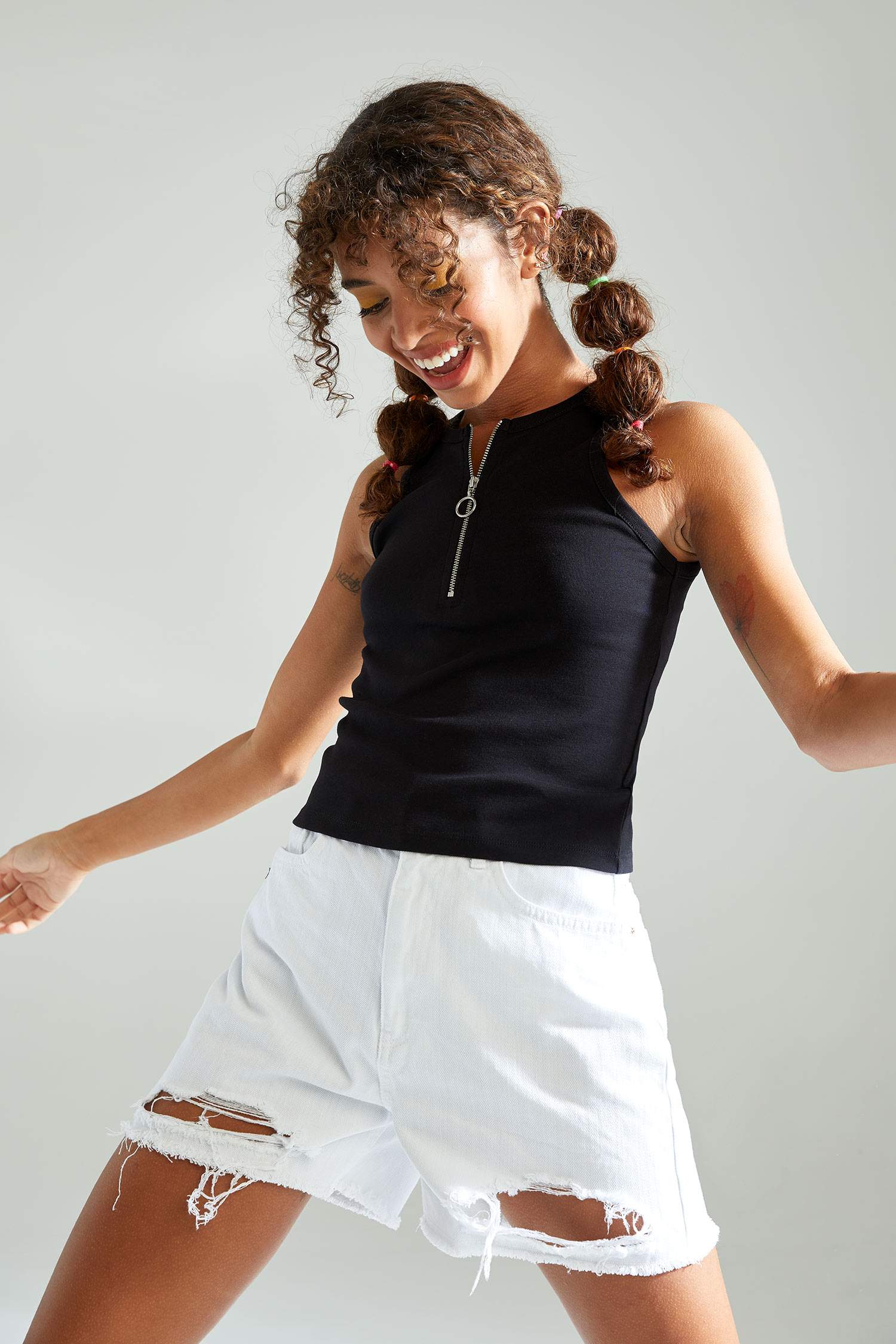 Fermuarlı Halter Yaka Slim Fit 2'li Crop Top