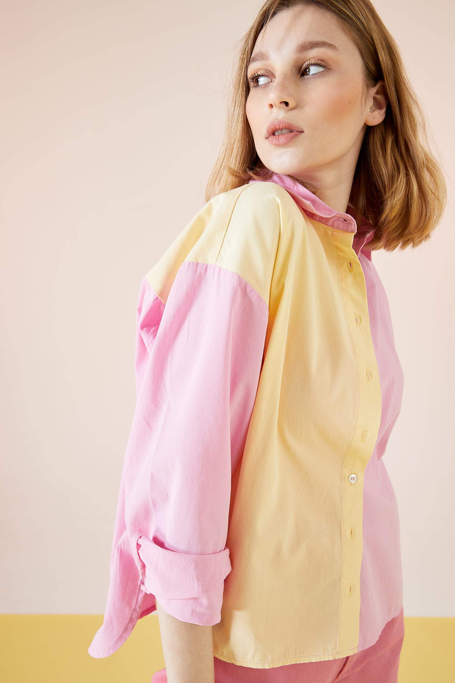 Renk Bloklu Oversize Fit Poplin Gömlek
