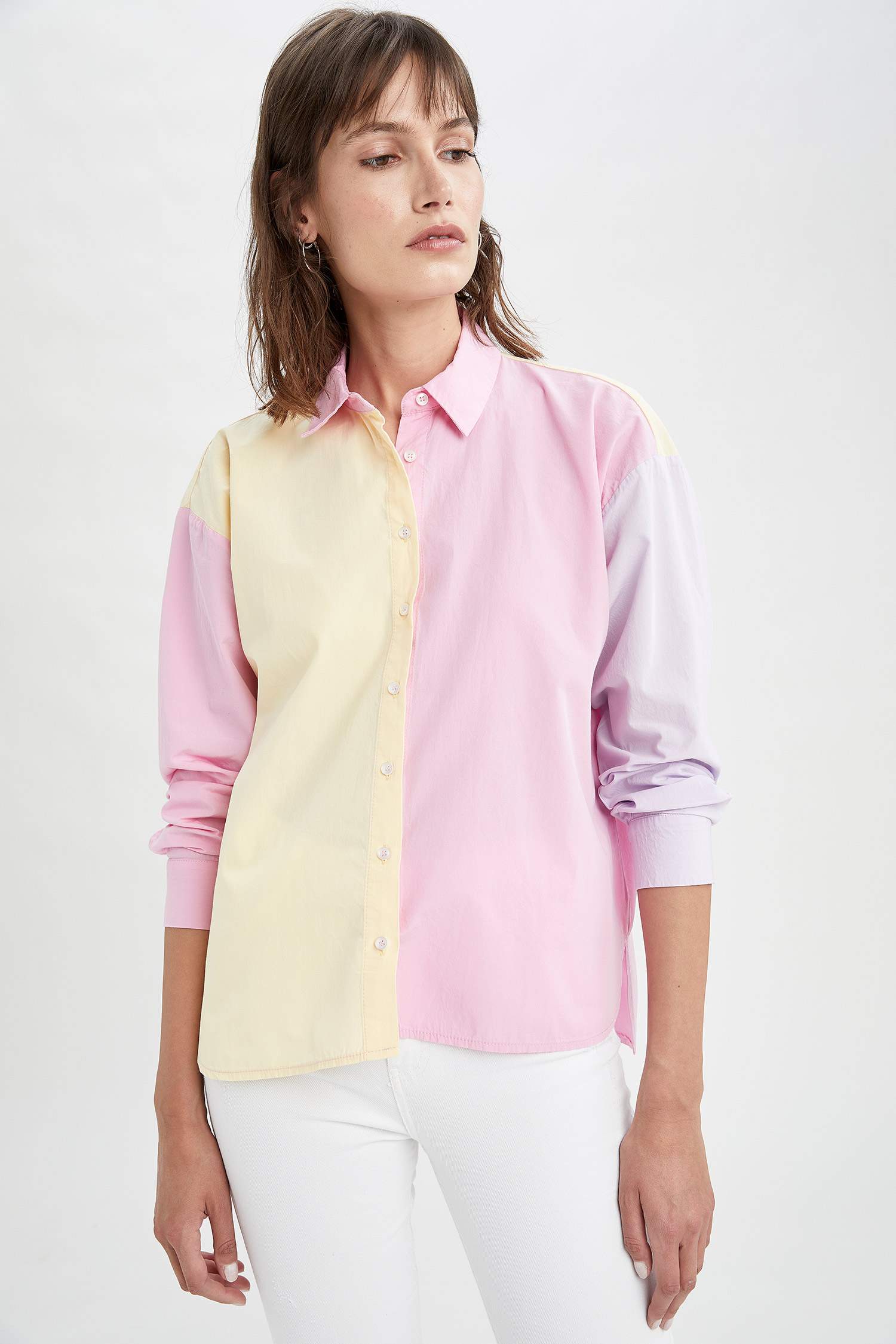 Renk Bloklu Oversize Fit Poplin Gömlek