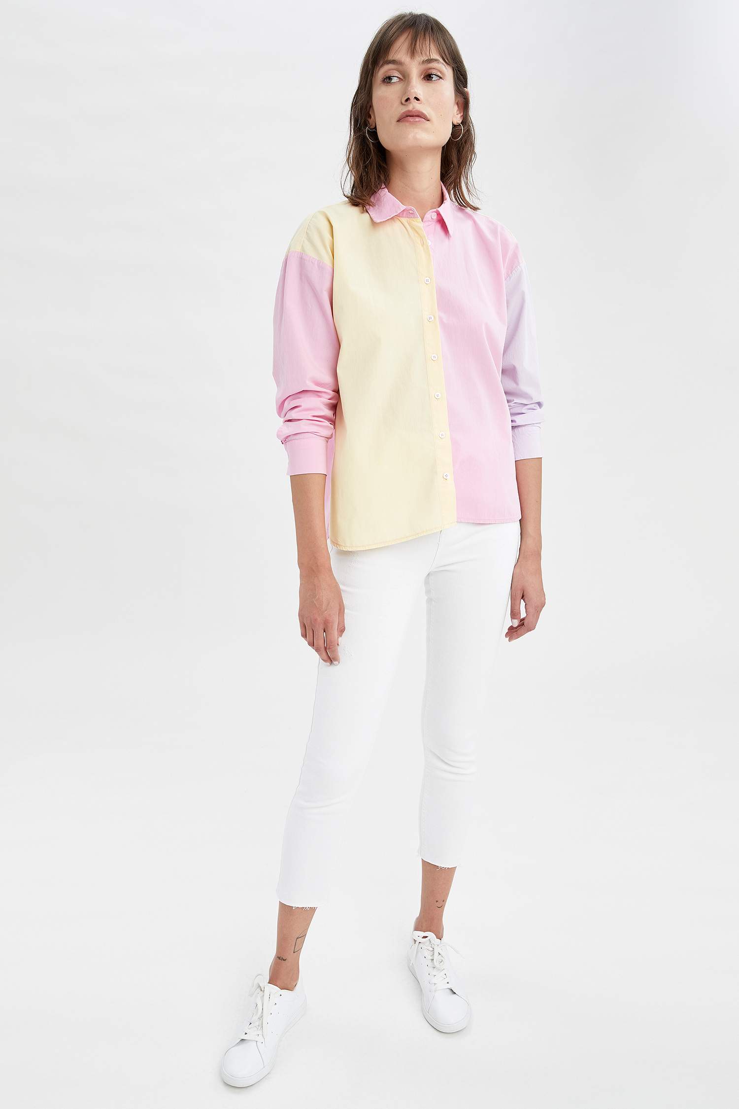 Renk Bloklu Oversize Fit Poplin Gömlek