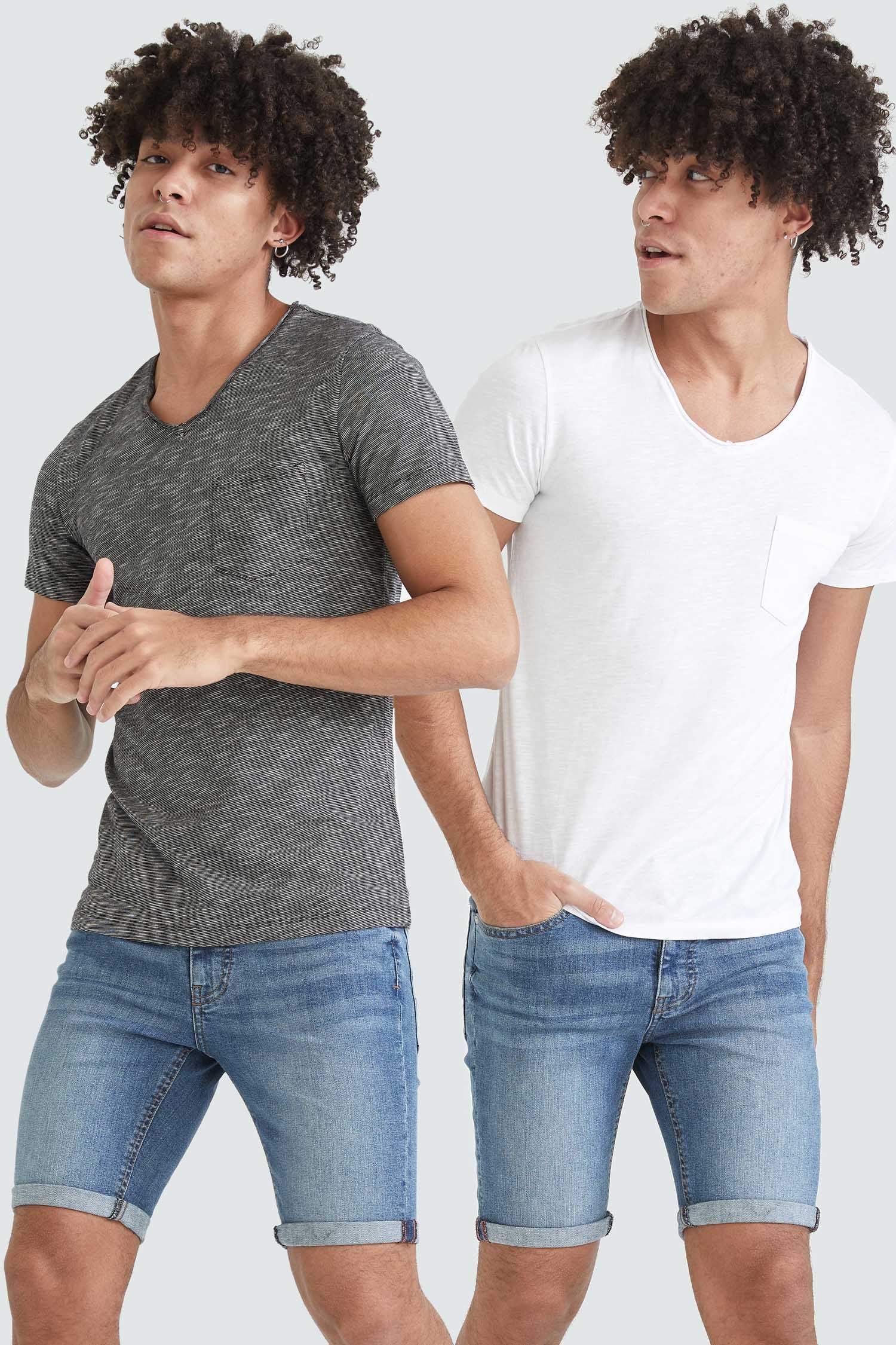 Slim Fit V Yaka Kısa Kollu 2'li Tişört