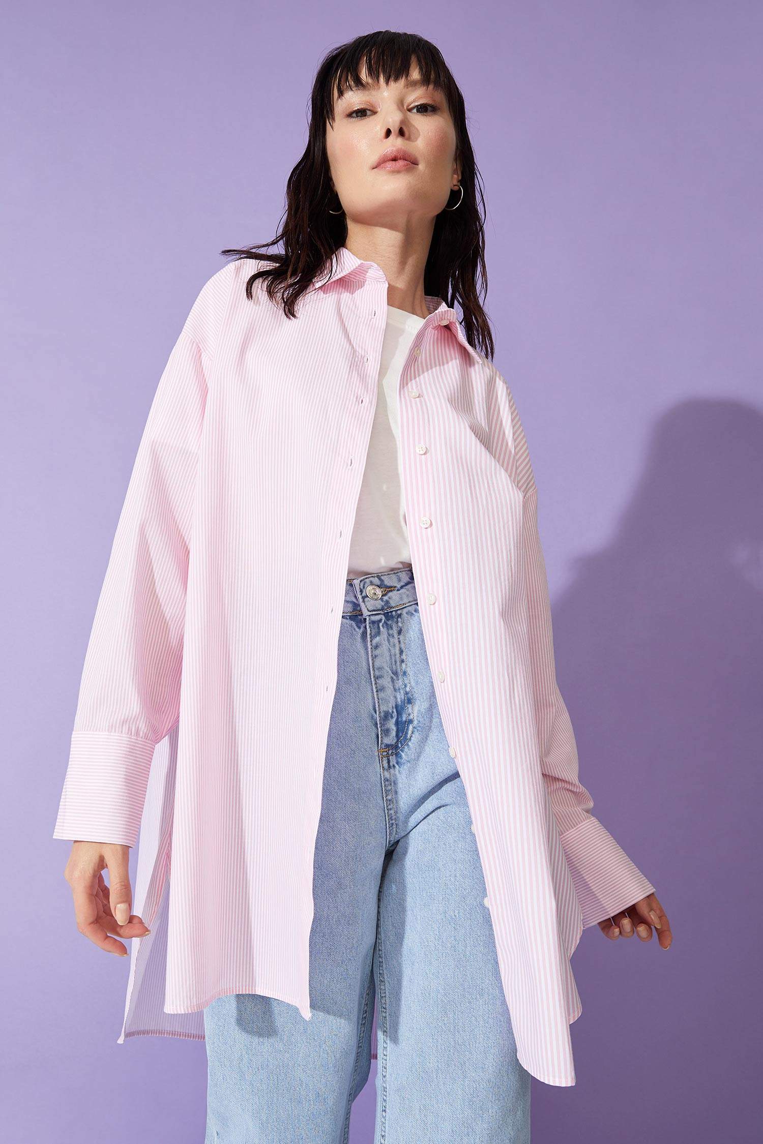 Çizgili Relax Fit Poplin Gömlek Tunik