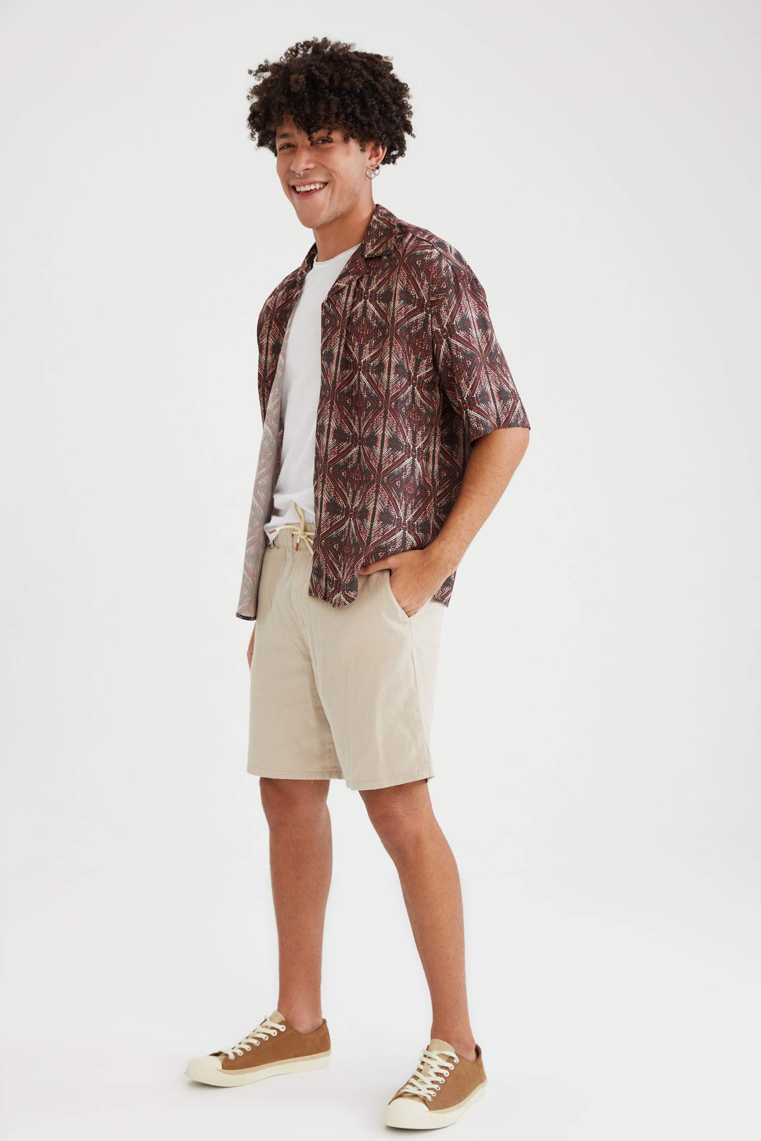 Oversize Fit Desenli Kısa Kollu Viskon Gömlek