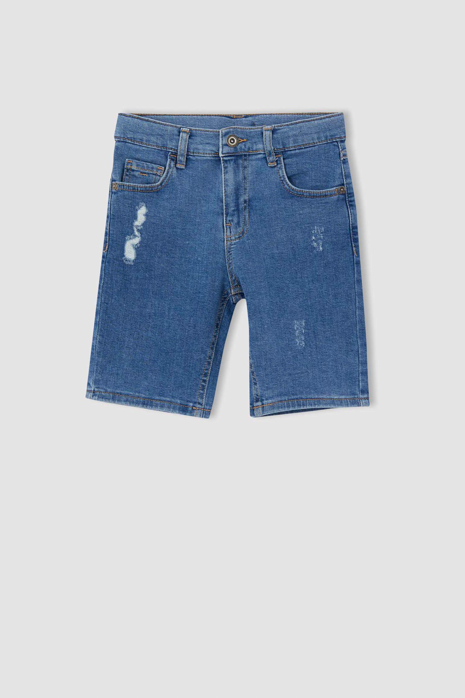 Erkek Çocuk Regular Fit Yıpratma Detaylı Jean Bermuda Şort