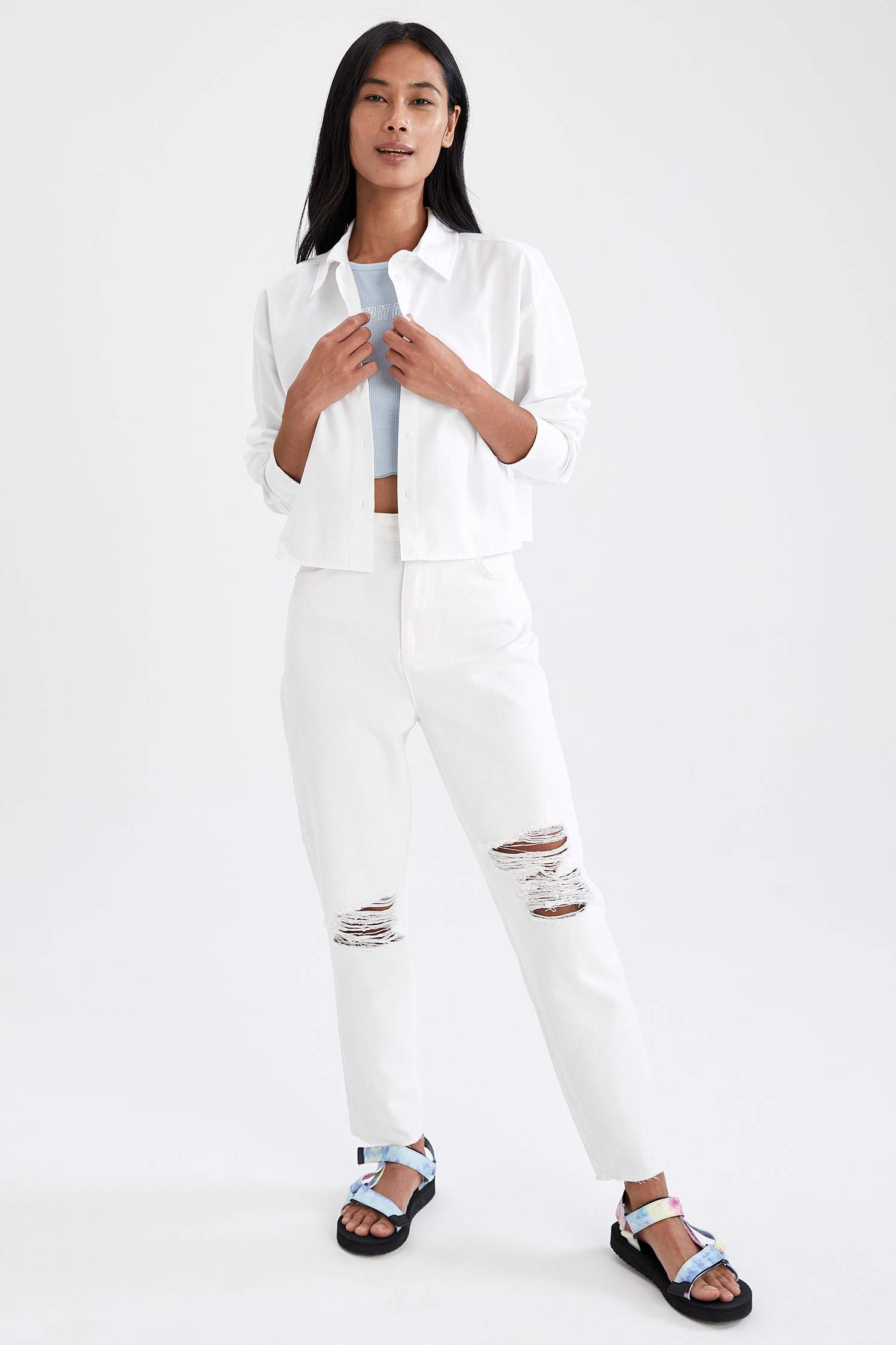 Basic Relax Fit Pamuklu Oxford Crop Gömlek