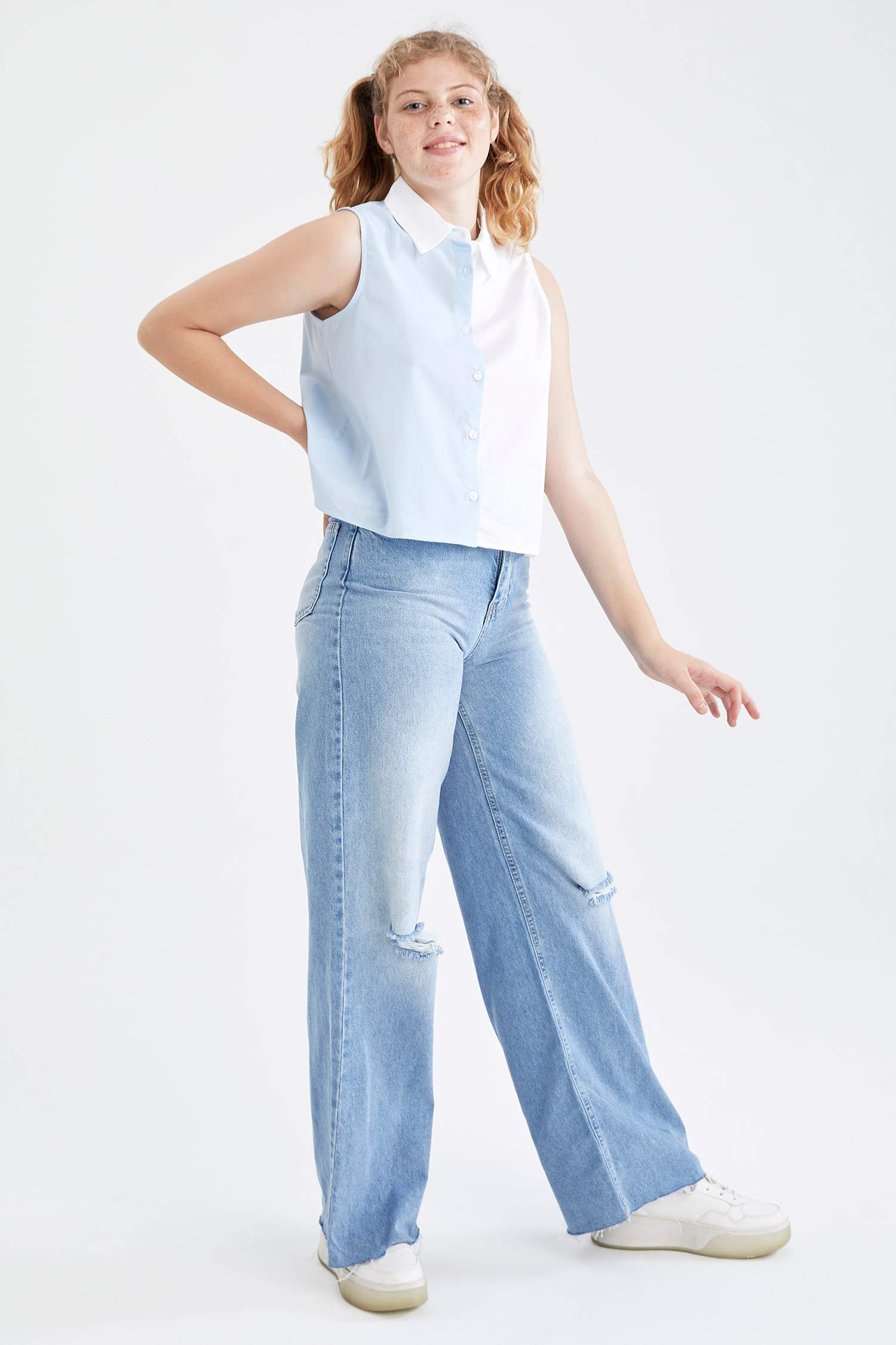 Coool Renk Bloklu Relax Fit Askılı Poplin Crop Gömlek