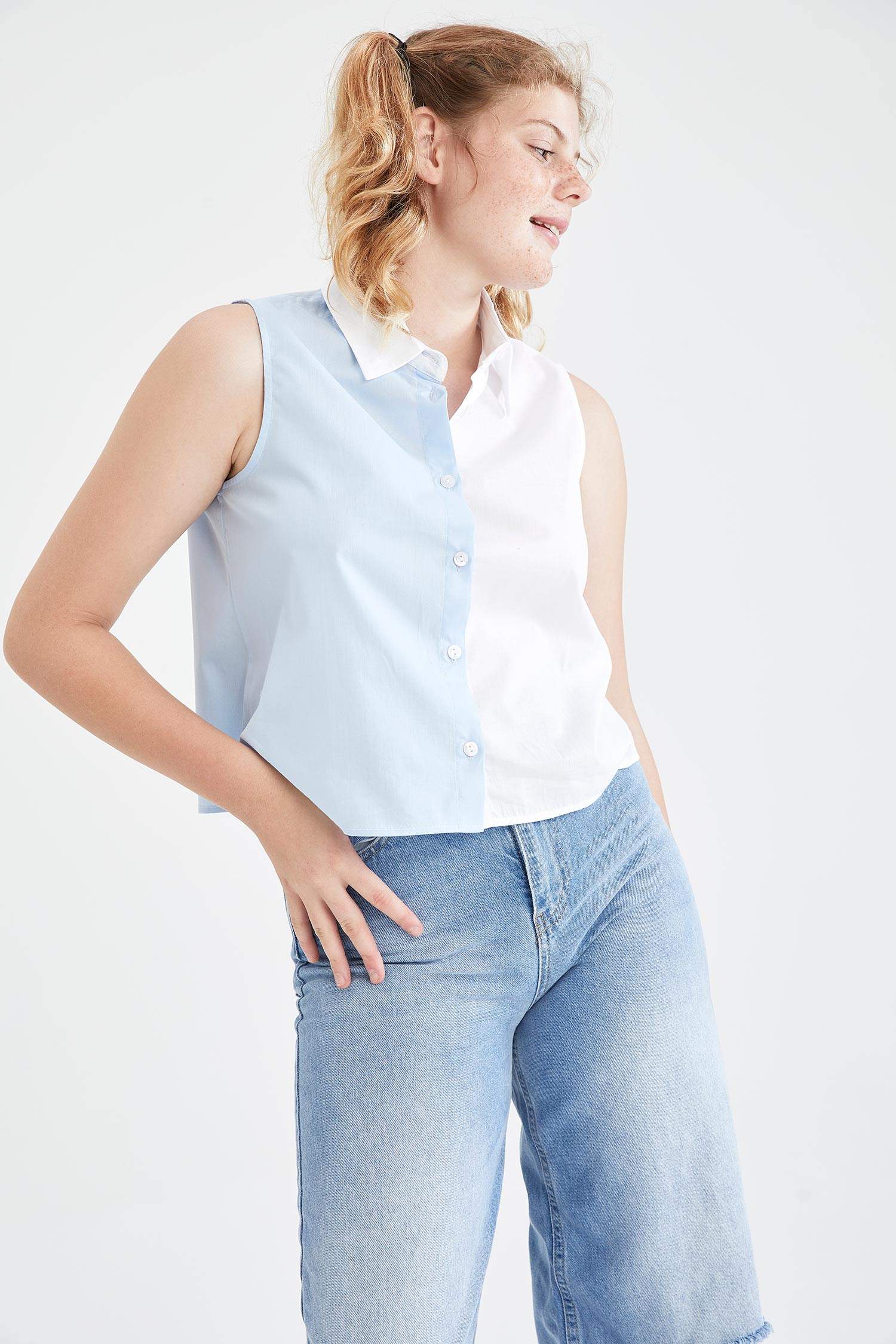 Coool Renk Bloklu Relax Fit Askılı Poplin Crop Gömlek