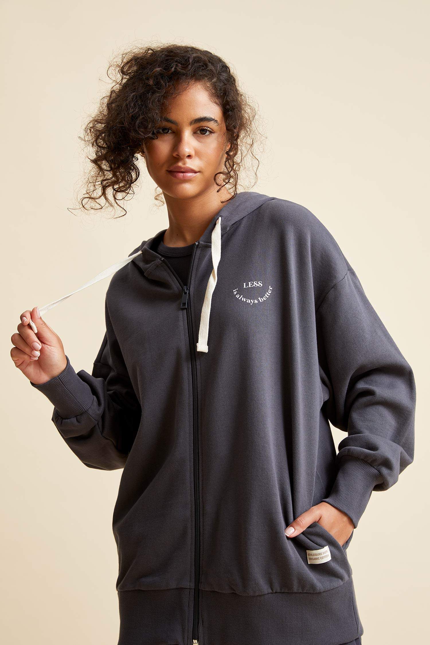 Organik Pamuklu Kapüşonlu Oversize Fit Cep Detaylı Fermuarlı Sweat Hırka
