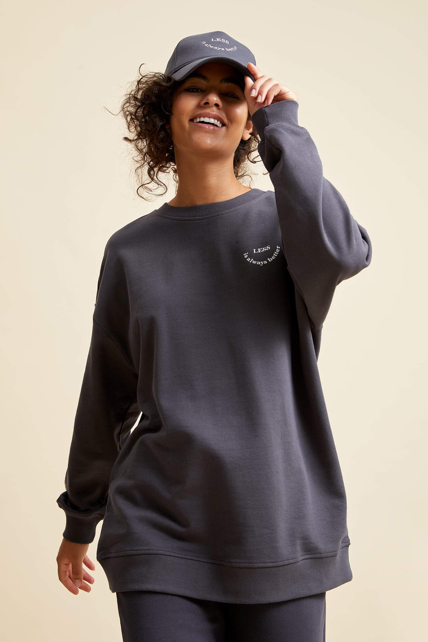 Organik Pamuklu Slogan Baskılı Oversize Fit İçi Yumuşak Tüylü Sweatshirt
