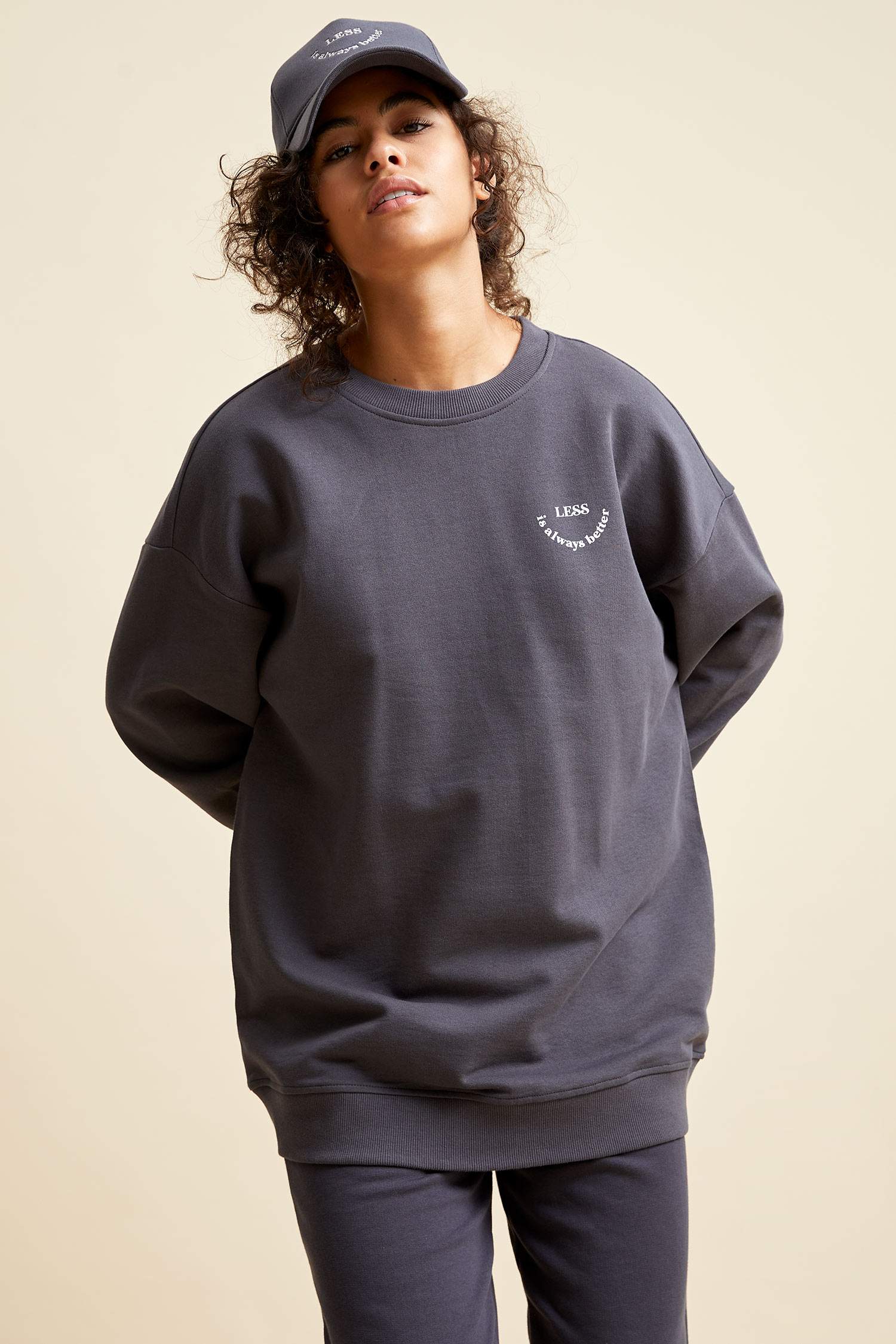 Organik Pamuklu Slogan Baskılı Oversize Fit İçi Yumuşak Tüylü Sweatshirt