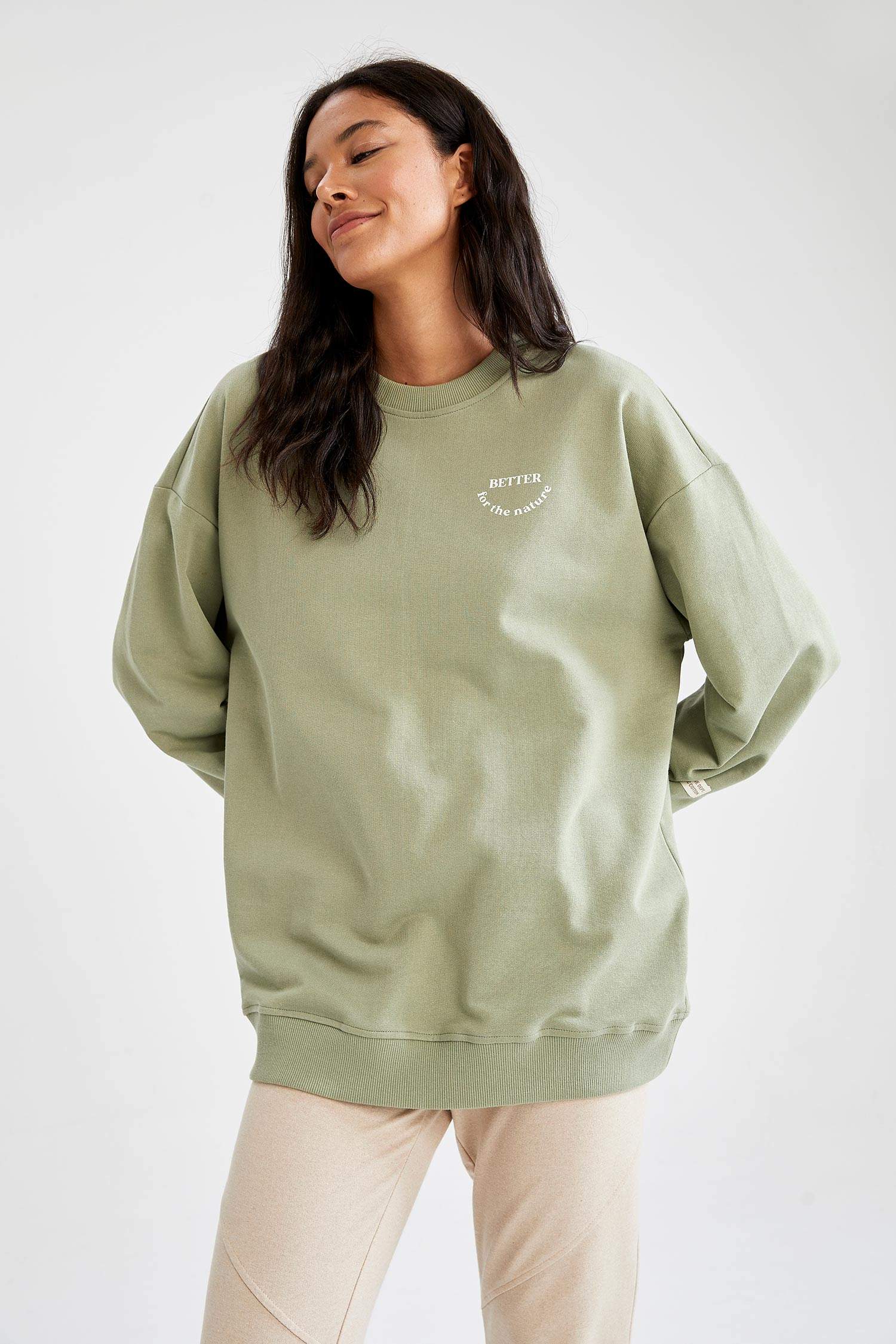 Organik Pamuklu Slogan Baskılı Oversize Fit İçi Yumuşak Tüylü Sweatshirt